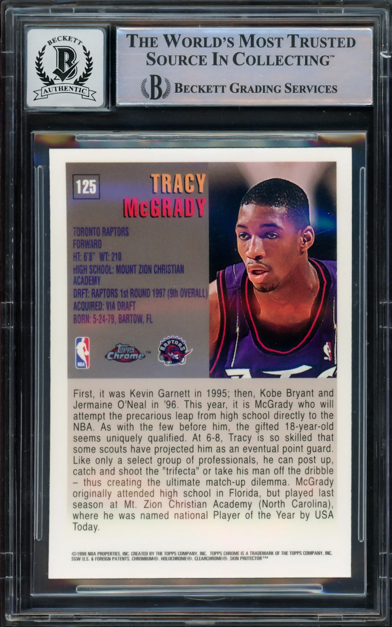 Tracy McGrady Autographed 1997-98 Topps Chrome Rookie Card #125 Toronto Raptors Auto Grade Gem Mint 10 Beckett BAS #16169658 - Image 2