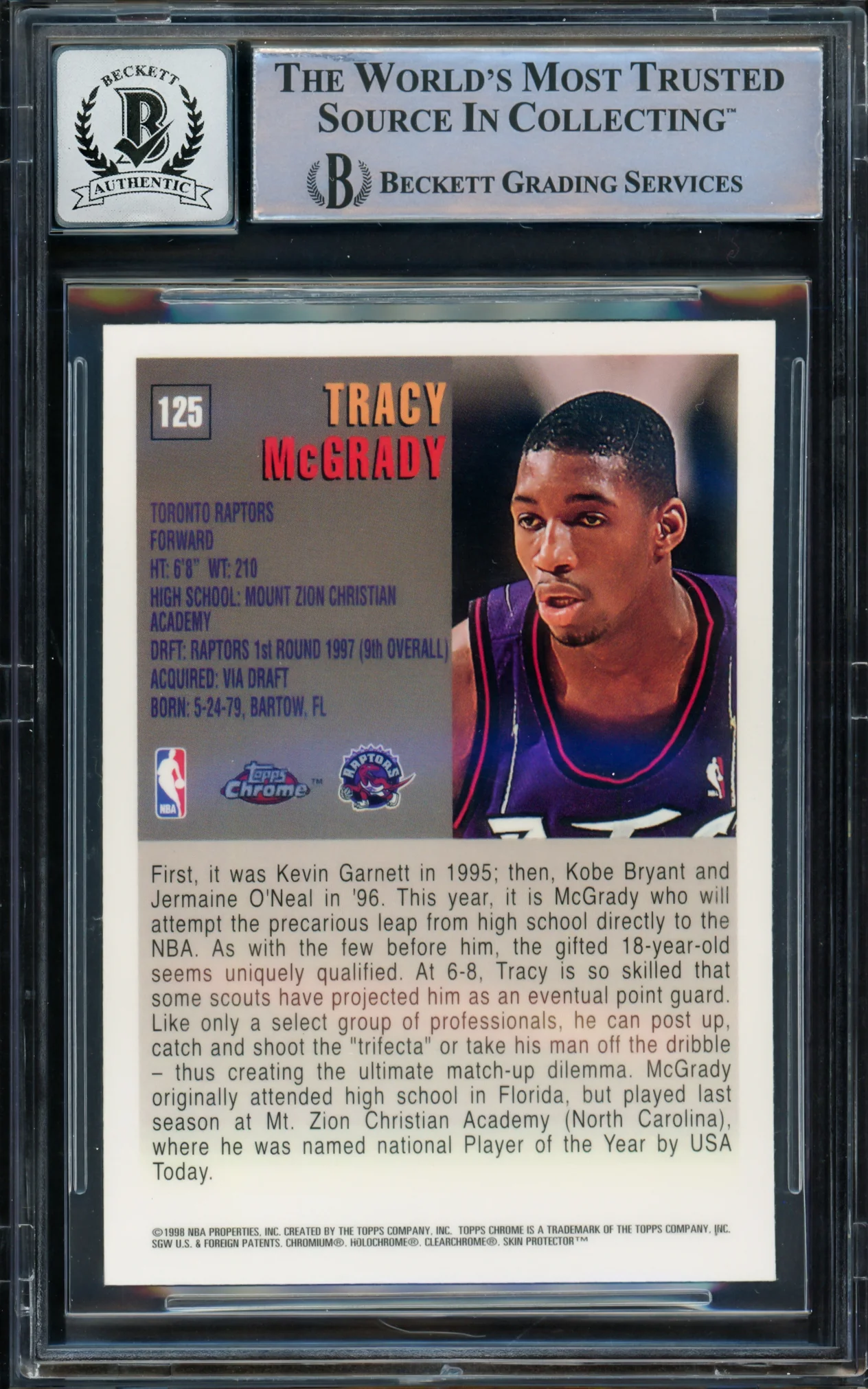 Tracy McGrady Autographed 1997-98 Topps Chrome Rookie Card #125 Toronto Raptors Auto Grade Gem Mint 10 Beckett BAS #16169659 - Image 2