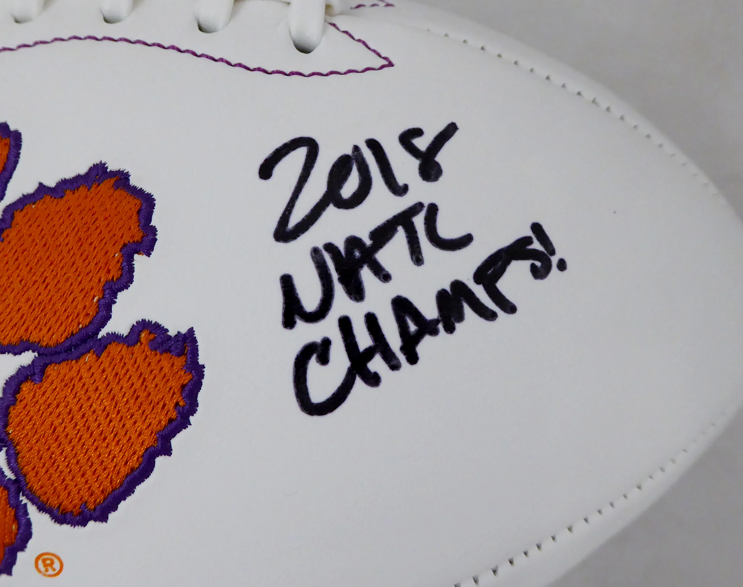 Travis Etienne Autographed Clemson Tigers White Logo Football "2018 Natl Champs!" Beckett BAS Stock #193986 - Image 3