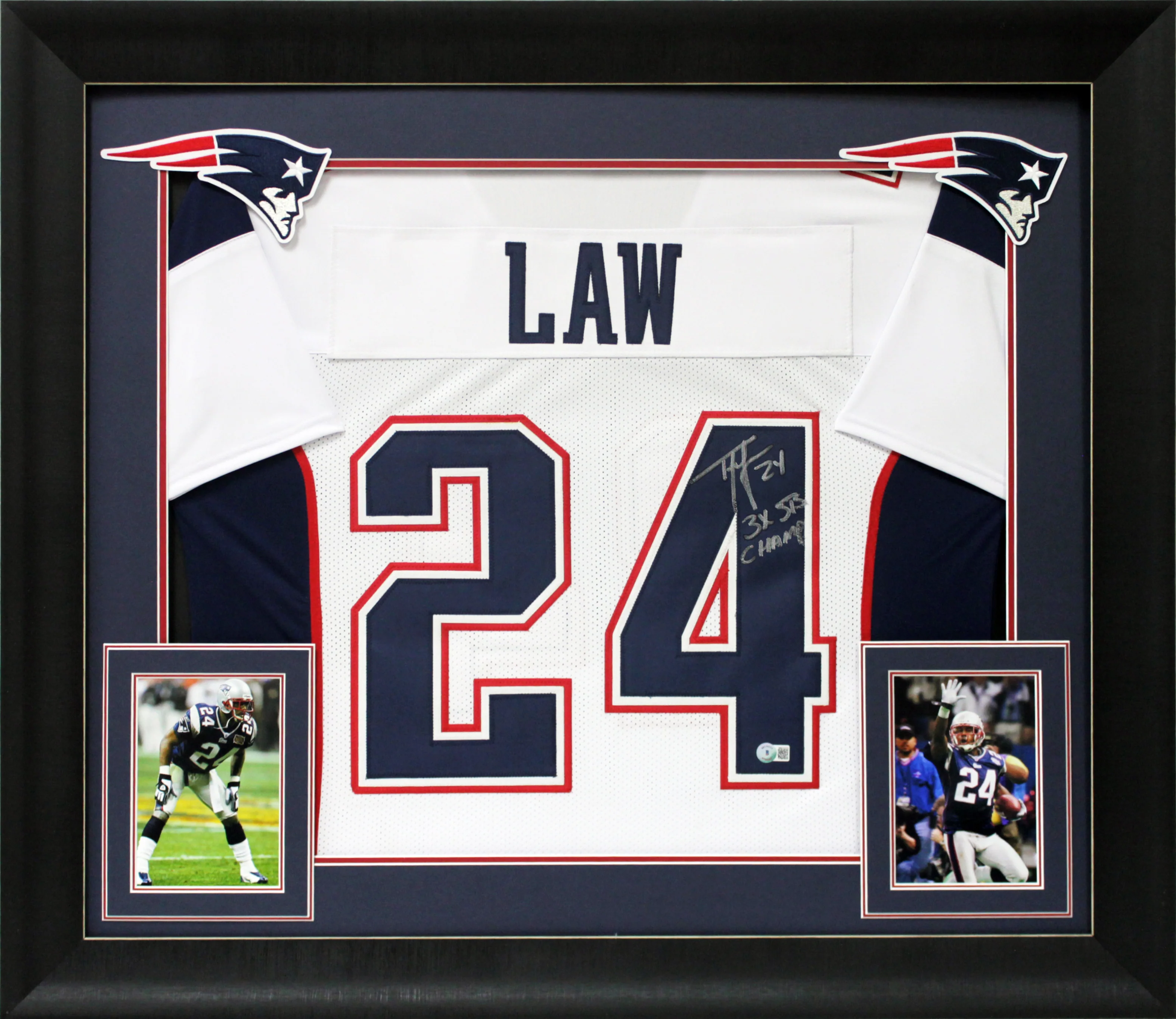 Ty Law "3x SB Champ" Authentic Signed White Pro Style Framed Jersey BAS Witness - Image 2