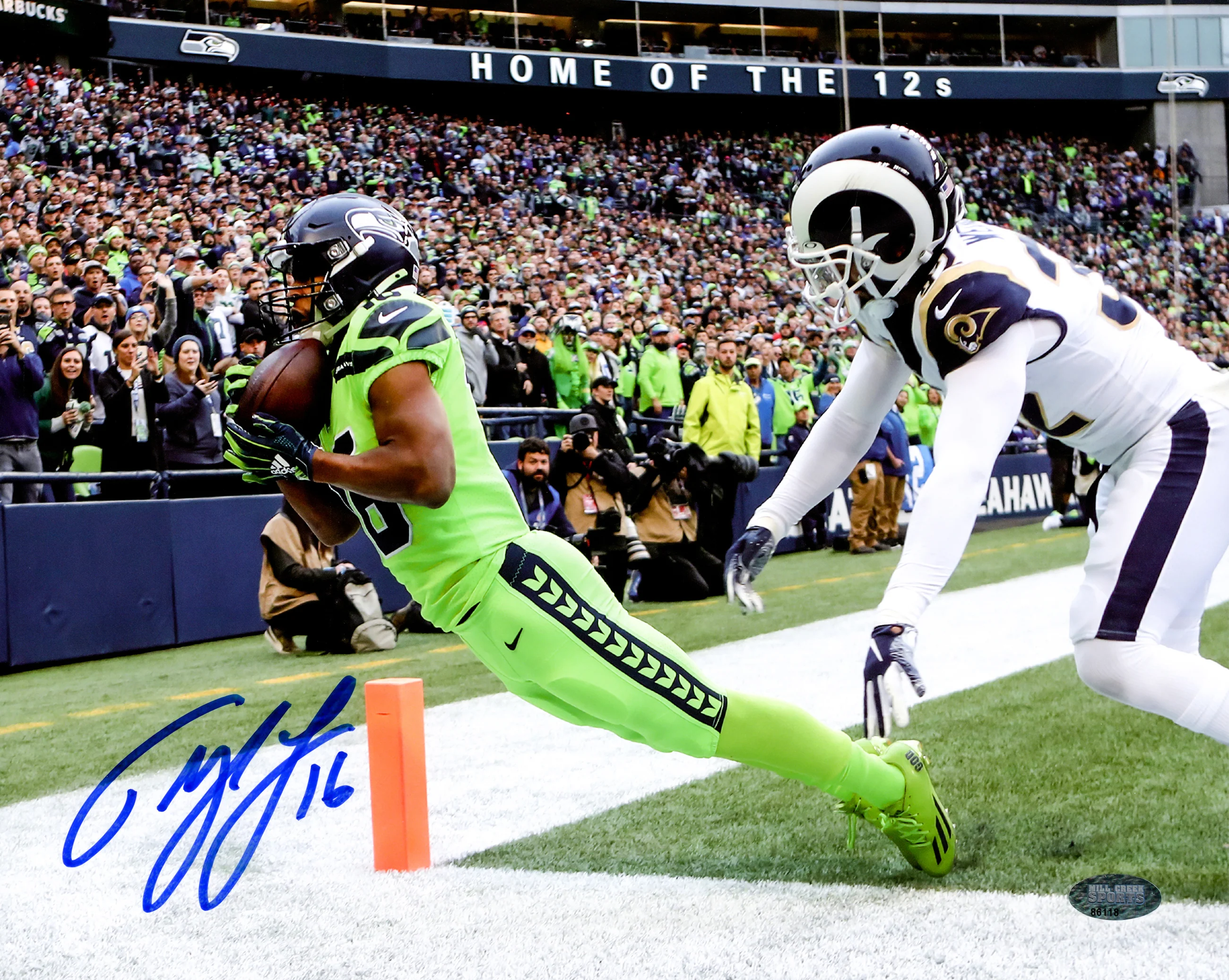 Tyler Lockett Autographed Framed 8x10 Photo Seattle Seahawks Toe Tap Touchdown vs. Rams MCS Holo Stock #254301 - Image 2