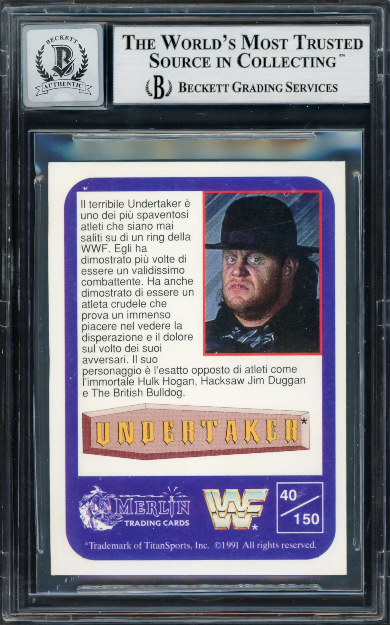 Undertaker Autographed 1991 Merlin WWF Italian Rookie Card #40 Auto Grade Gem Mint 10 Beckett BAS #14058095 - Image 2