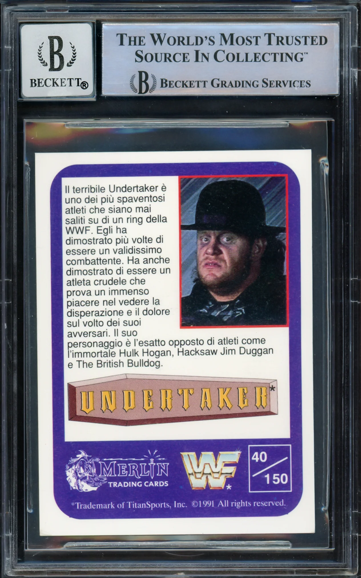Undertaker Autographed 1991 Merlin WWF Italian Rookie Card #40 Auto Grade Gem Mint 10 Beckett BAS #15679288 - Image 2