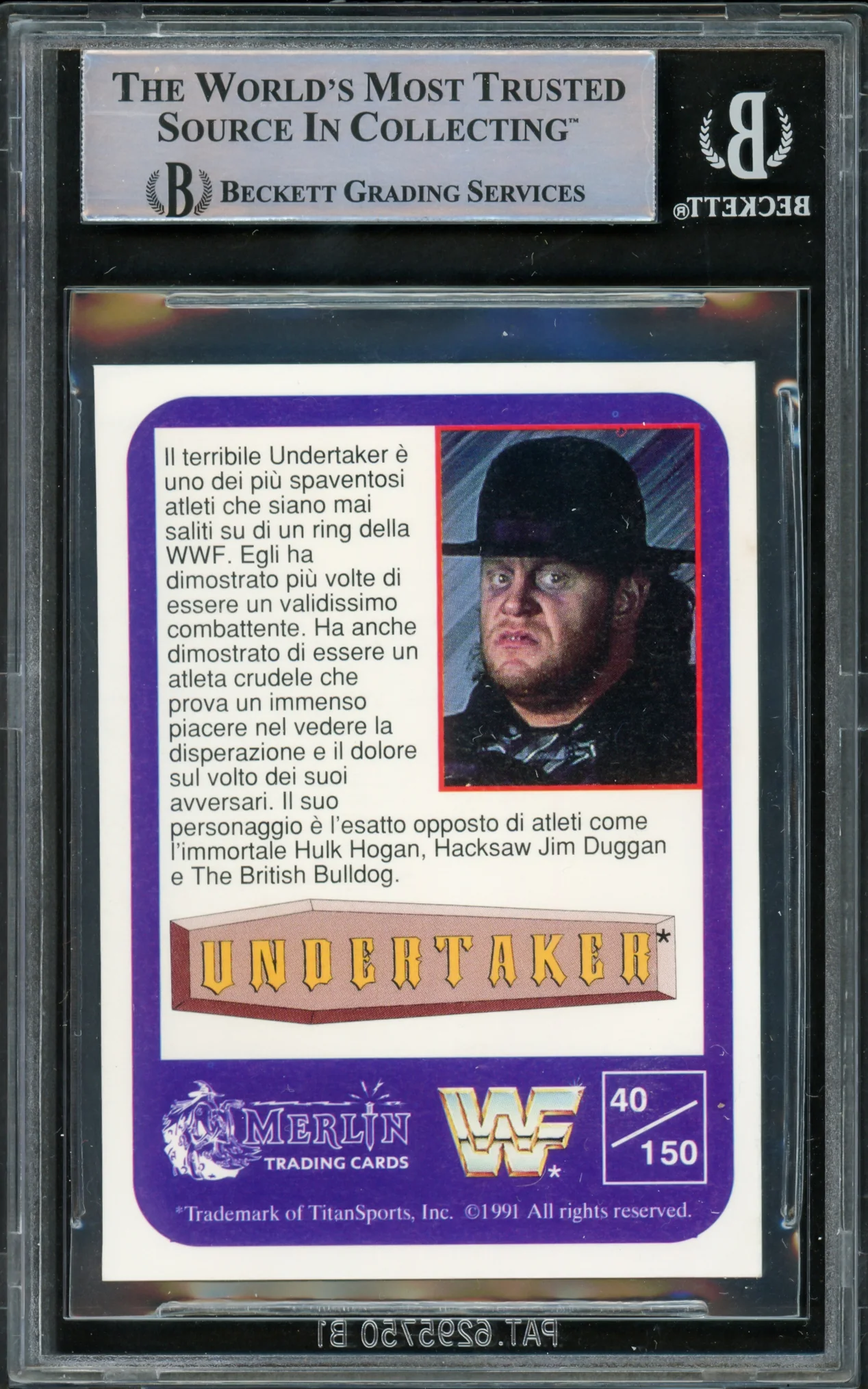 Undertaker Autographed 1991 Merlin WWF Italian Rookie Card #40 Beckett BAS #15679762 - Image 2