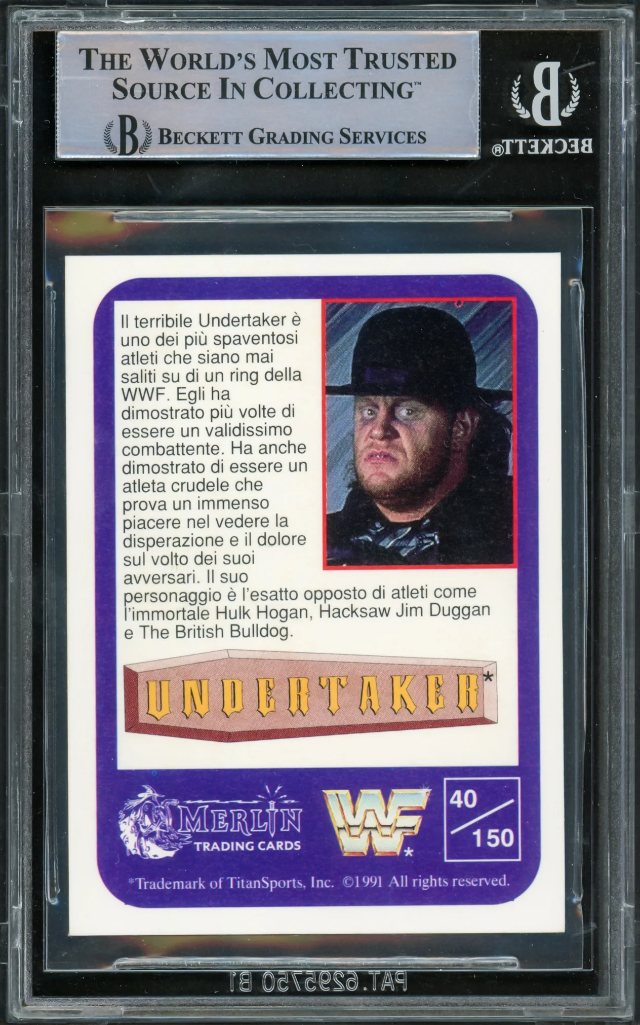 Undertaker Autographed 1991 Merlin WWF Italian Rookie Card #40 Beckett BAS #15679768 - Image 2