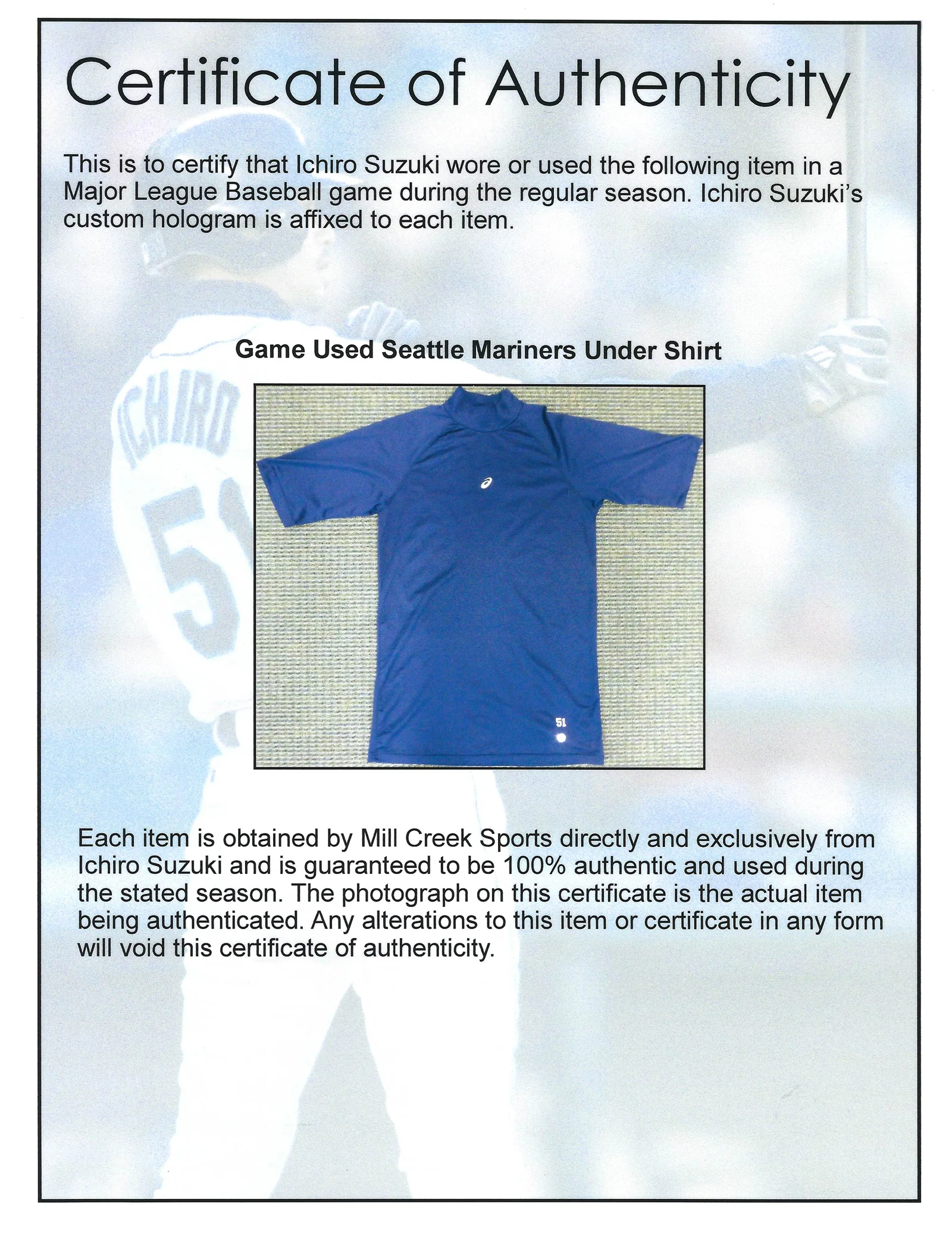 Unsigned Ichiro Suzuki Seattle Mariners Navy Short Sleeve Game Used Asics Under Shirt IS Holo Stock #175770 - Image 5