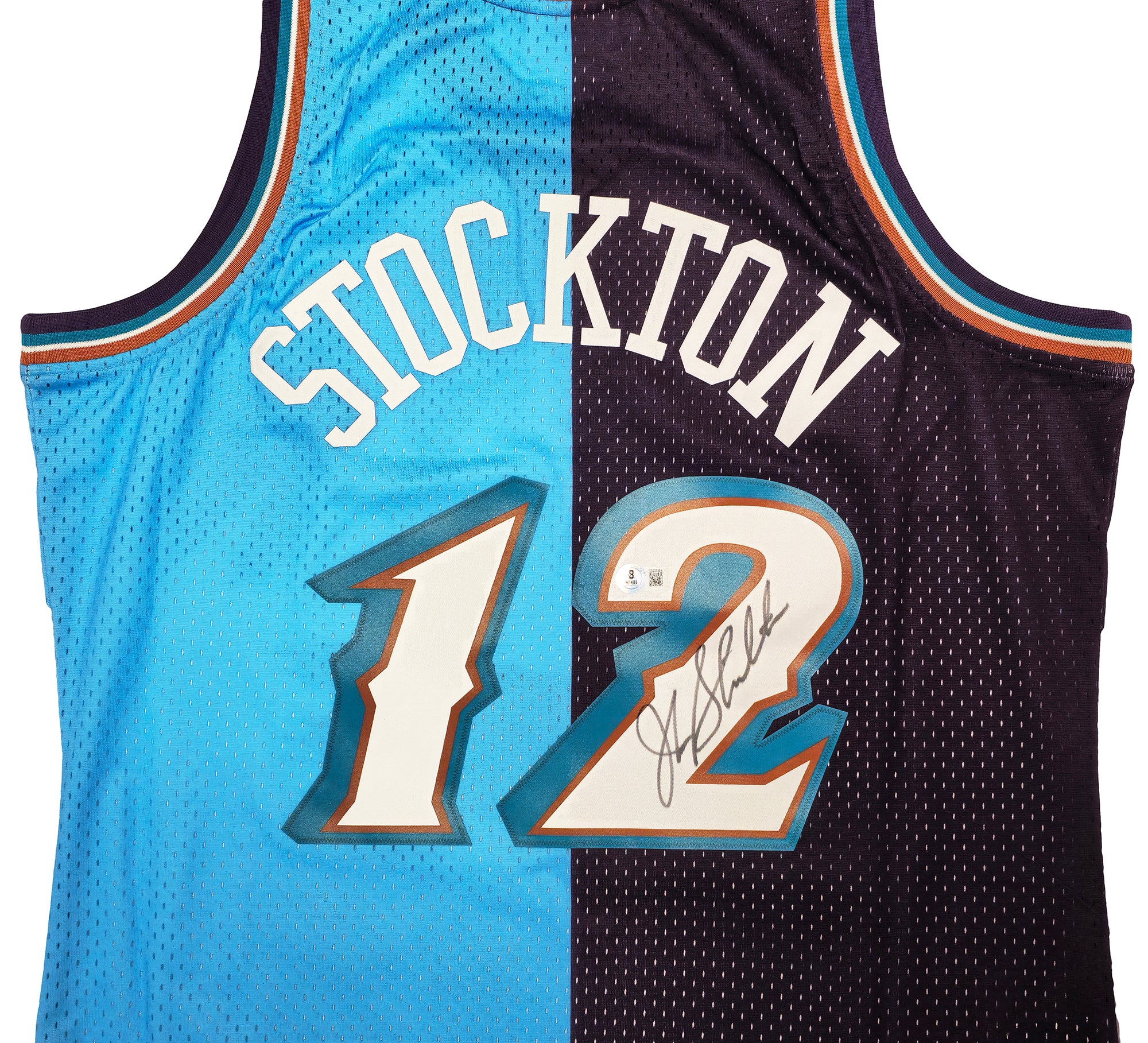 Utah Jazz John Stockton Autographed Blue & Purple Authentic Mitchell & Ness 1996-97 Hardwood Classic Swingman Split Jersey Size L Beckett BAS Witness Stock #224340 - Image 3