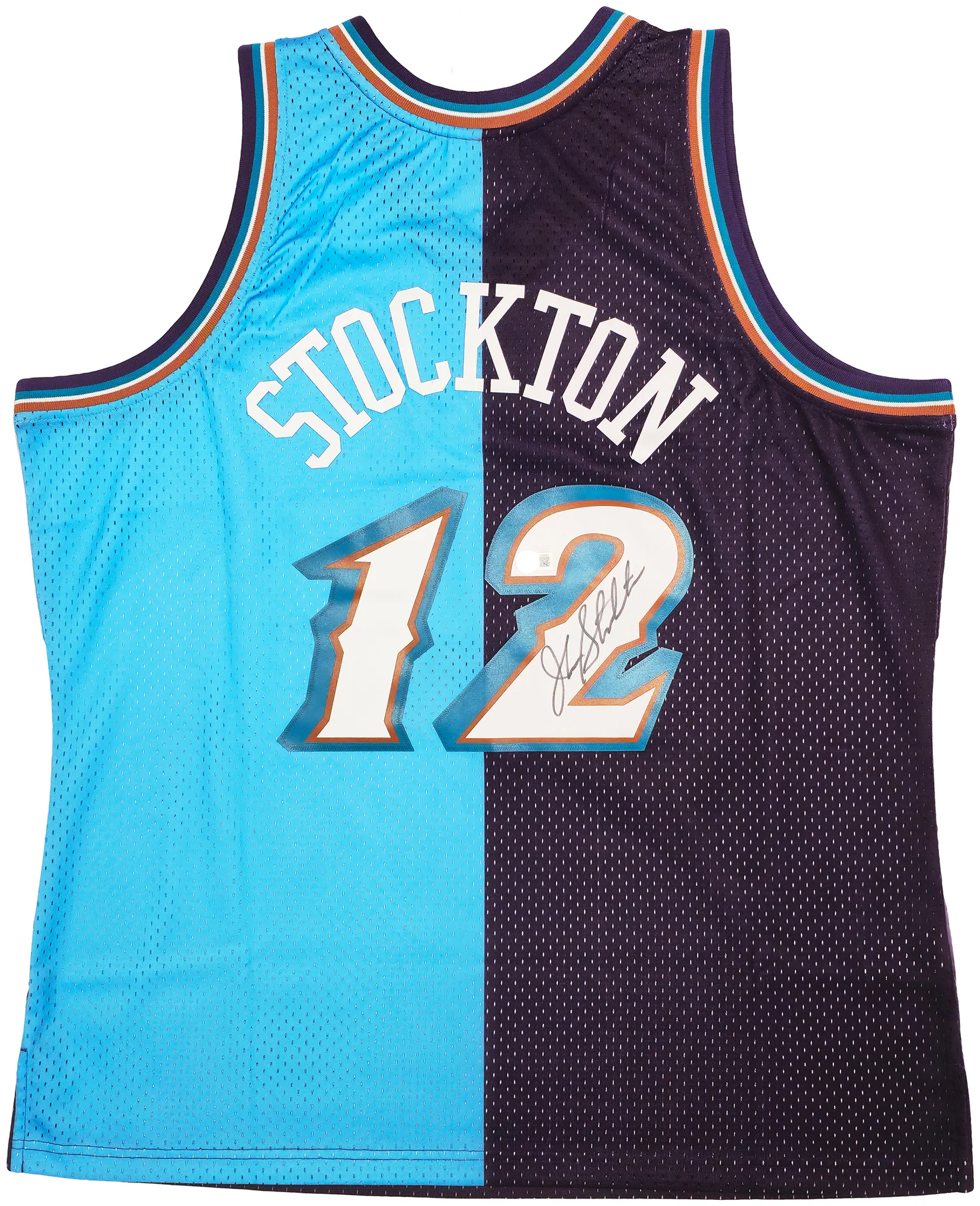 Utah Jazz John Stockton Autographed Blue & Purple Authentic Mitchell & Ness 1996-97 Hardwood Classic Swingman Split Jersey Size XXL Beckett BAS Witness Stock #224342 - Image 2