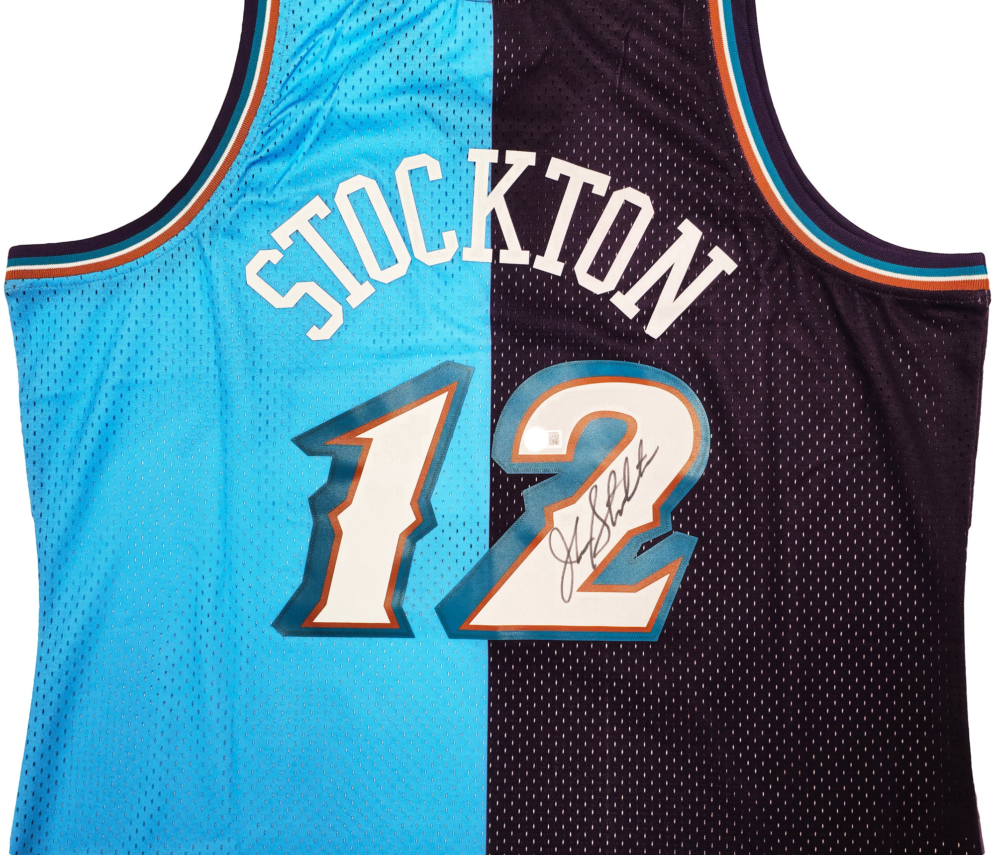 Utah Jazz John Stockton Autographed Blue & Purple Authentic Mitchell & Ness 1996-97 Hardwood Classic Swingman Split Jersey Size XXL Beckett BAS Witness Stock #224342 - Image 3