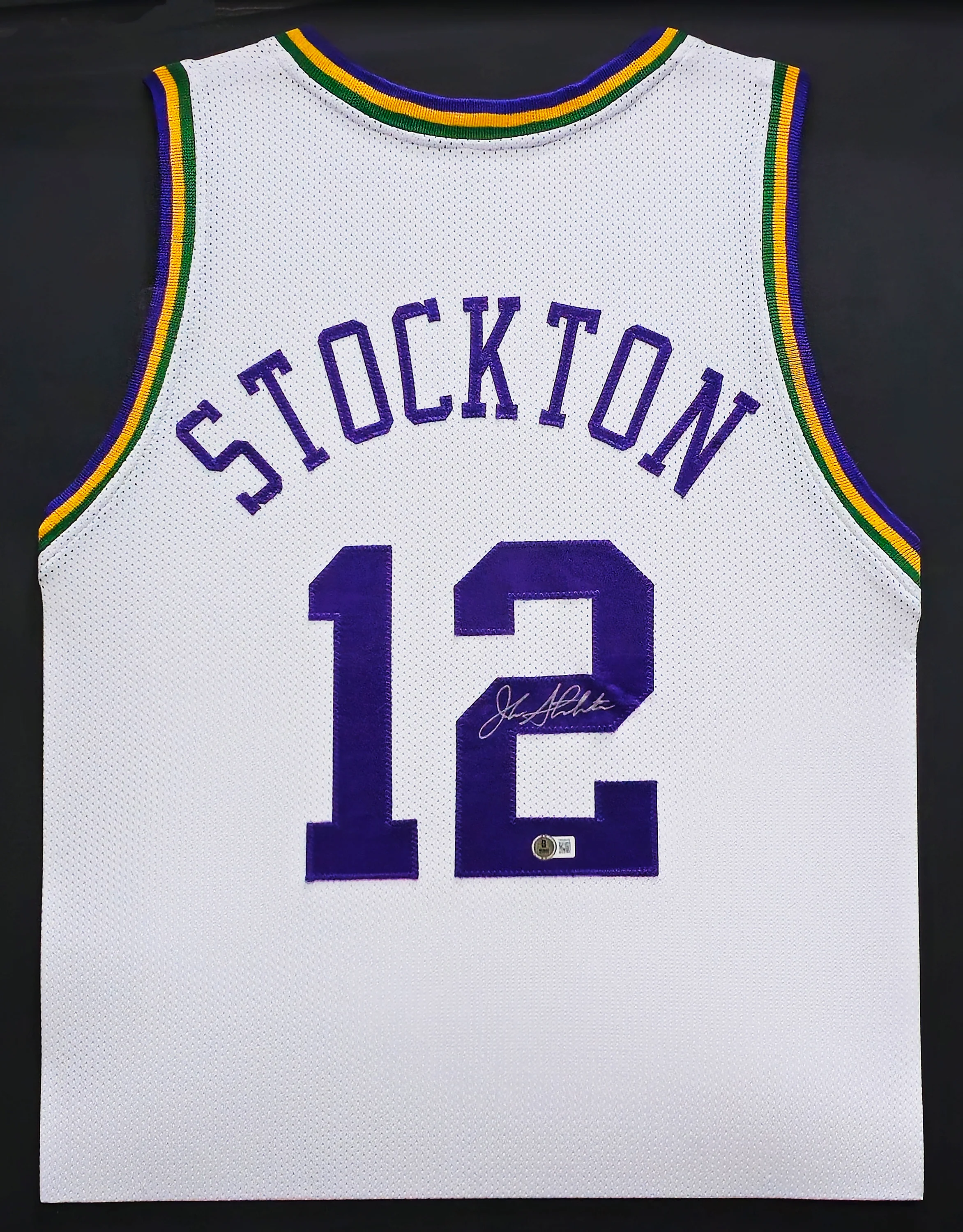 Utah Jazz John Stockton Autographed Framed White Jersey Beckett BAS Witness Stock #230205 - Image 2