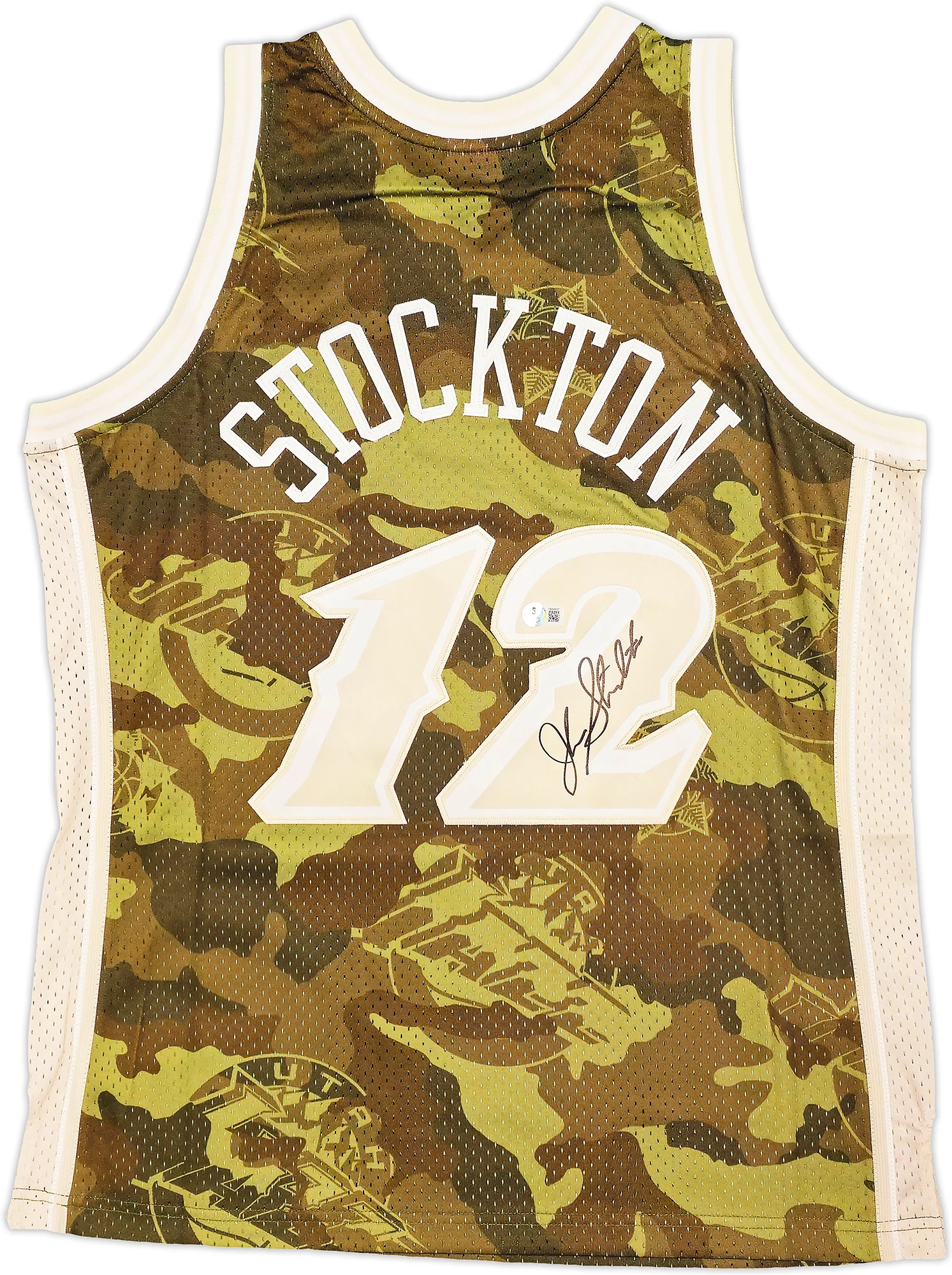 Utah Jazz John Stockton Autographed Green Authentic Mitchell & Ness 1998-99 Hardwood Classic Swingman Ghost Camo Jersey Size L Beckett BAS Witness Stock #224348 - Image 2
