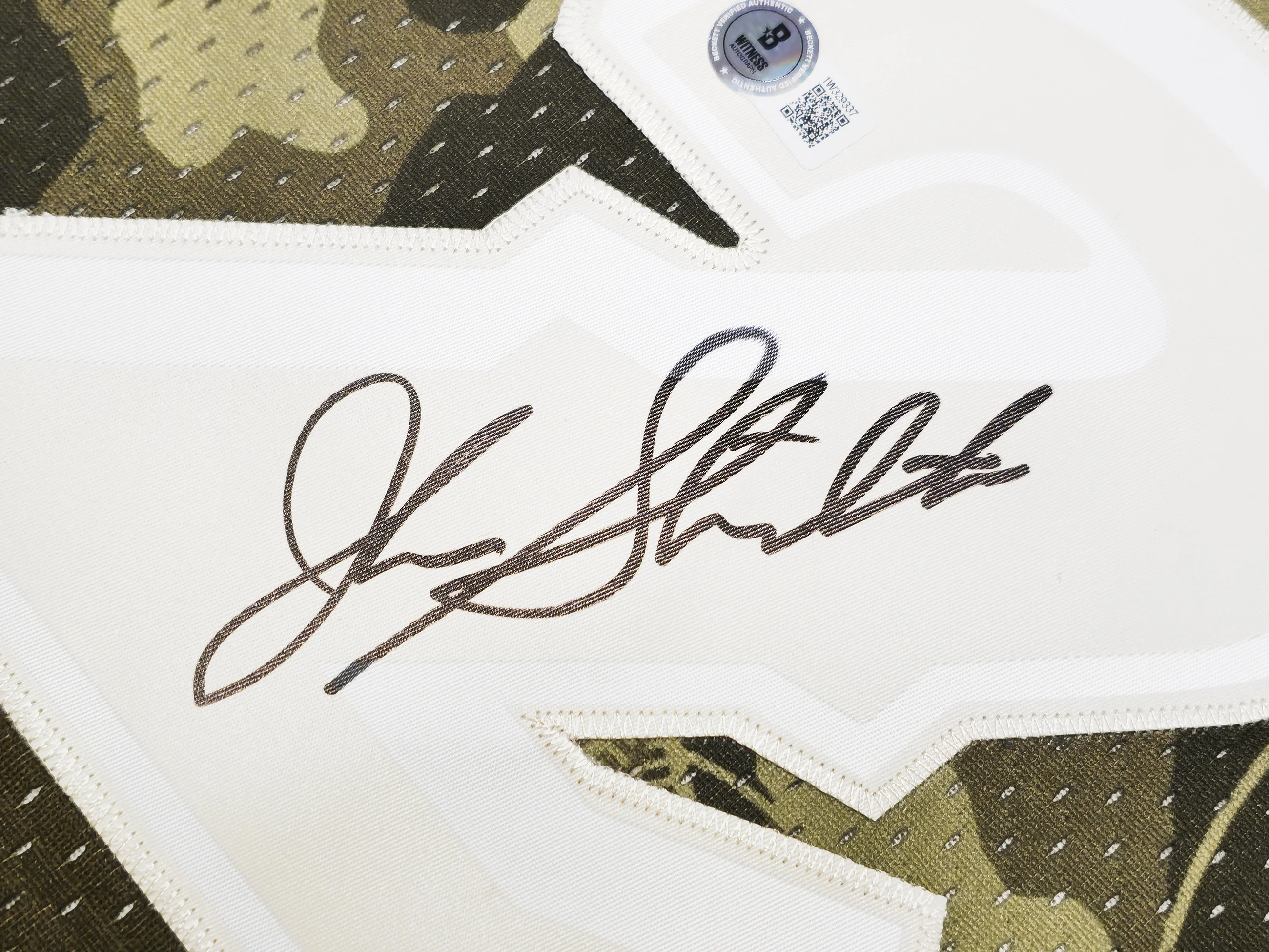 Utah Jazz John Stockton Autographed Green Authentic Mitchell & Ness 1998-99 Hardwood Classic Swingman Ghost Camo Jersey Size L Beckett BAS Witness Stock #224348 - Image 4