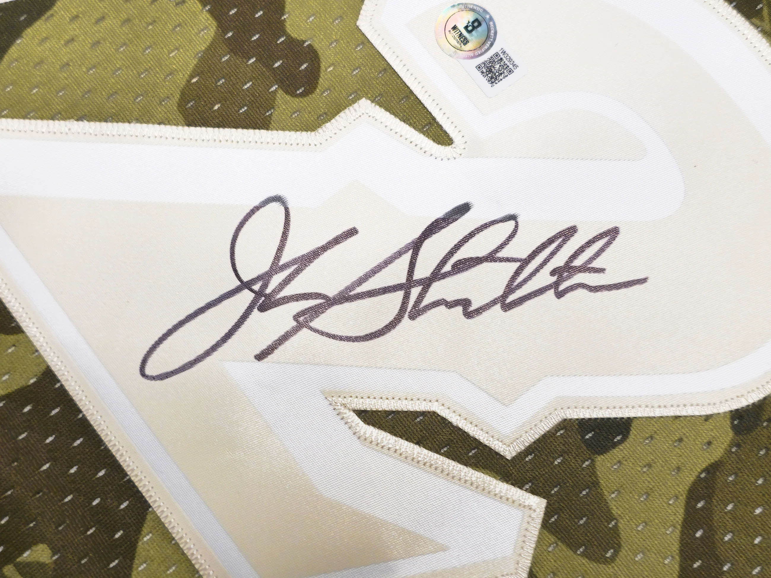 Utah Jazz John Stockton Autographed Green Authentic Mitchell & Ness 1998-99 Hardwood Classic Swingman Ghost Camo Jersey Size XL Beckett BAS Witness Stock #224349 - Image 4