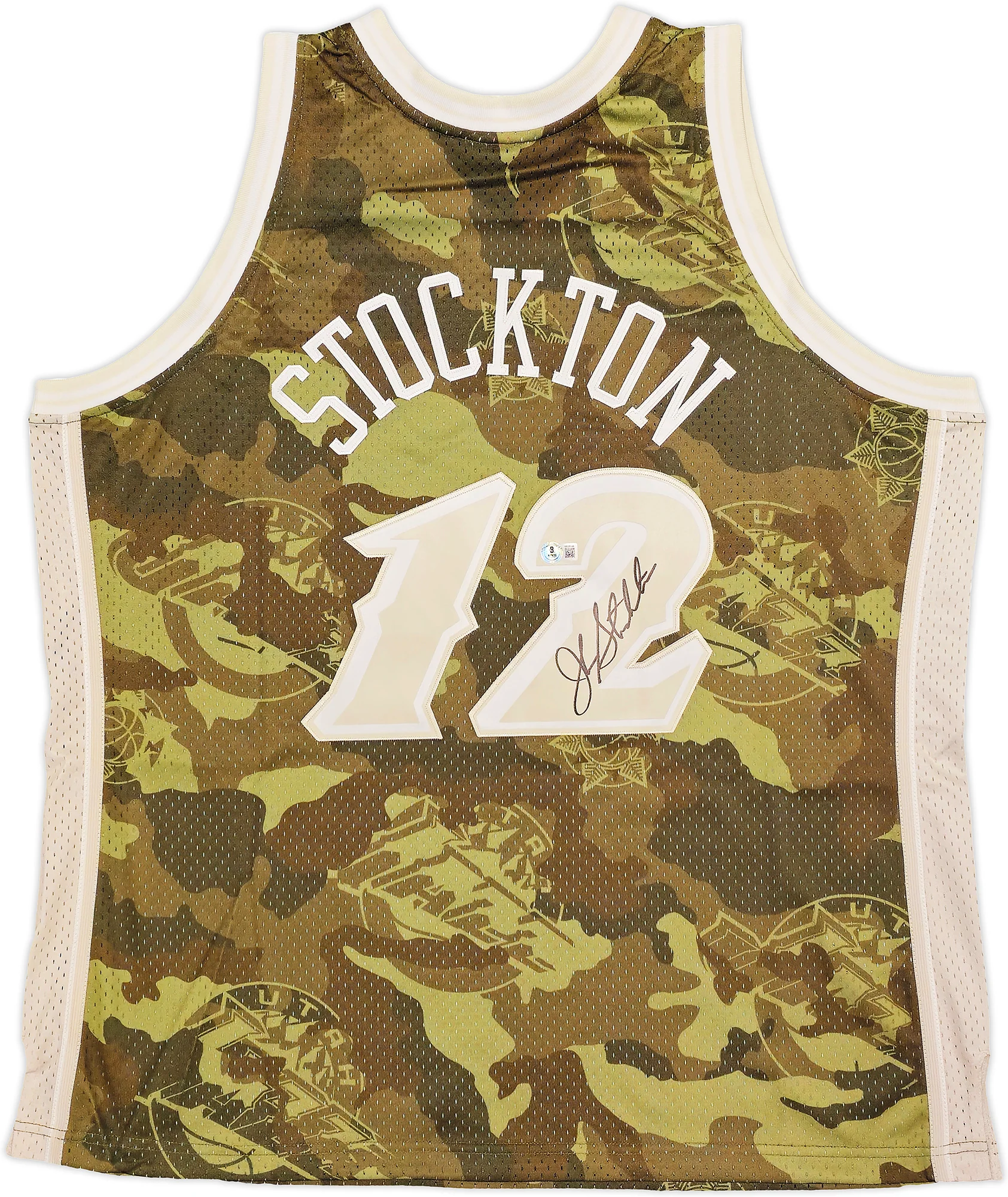 Utah Jazz John Stockton Autographed Green Authentic Mitchell & Ness 1998-99 Hardwood Classic Swingman Ghost Camo Jersey Size XXL Beckett BAS Witness Stock #224350 - Image 2