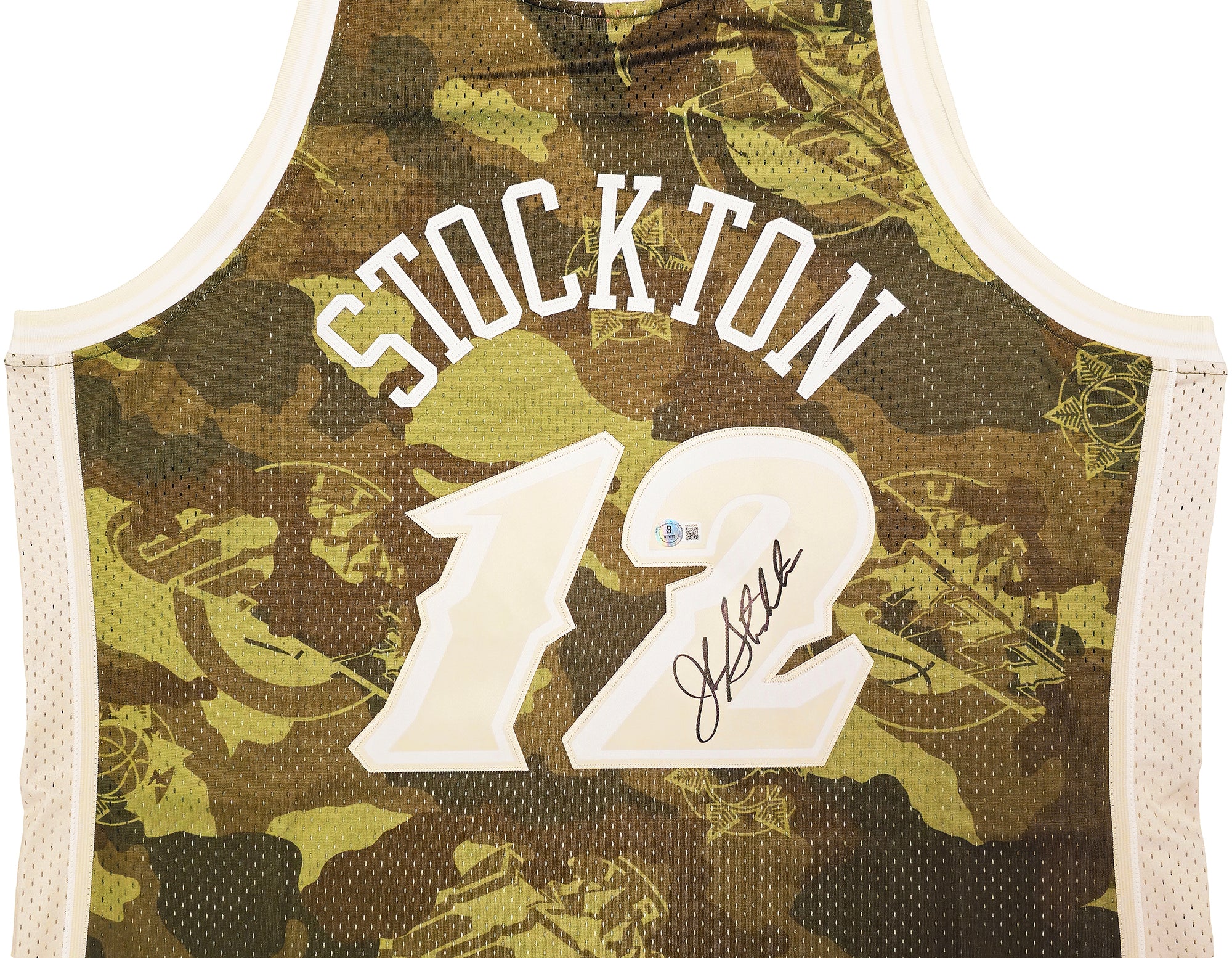 Utah Jazz John Stockton Autographed Green Authentic Mitchell & Ness 1998-99 Hardwood Classic Swingman Ghost Camo Jersey Size XXL Beckett BAS Witness Stock #224350 - Image 3