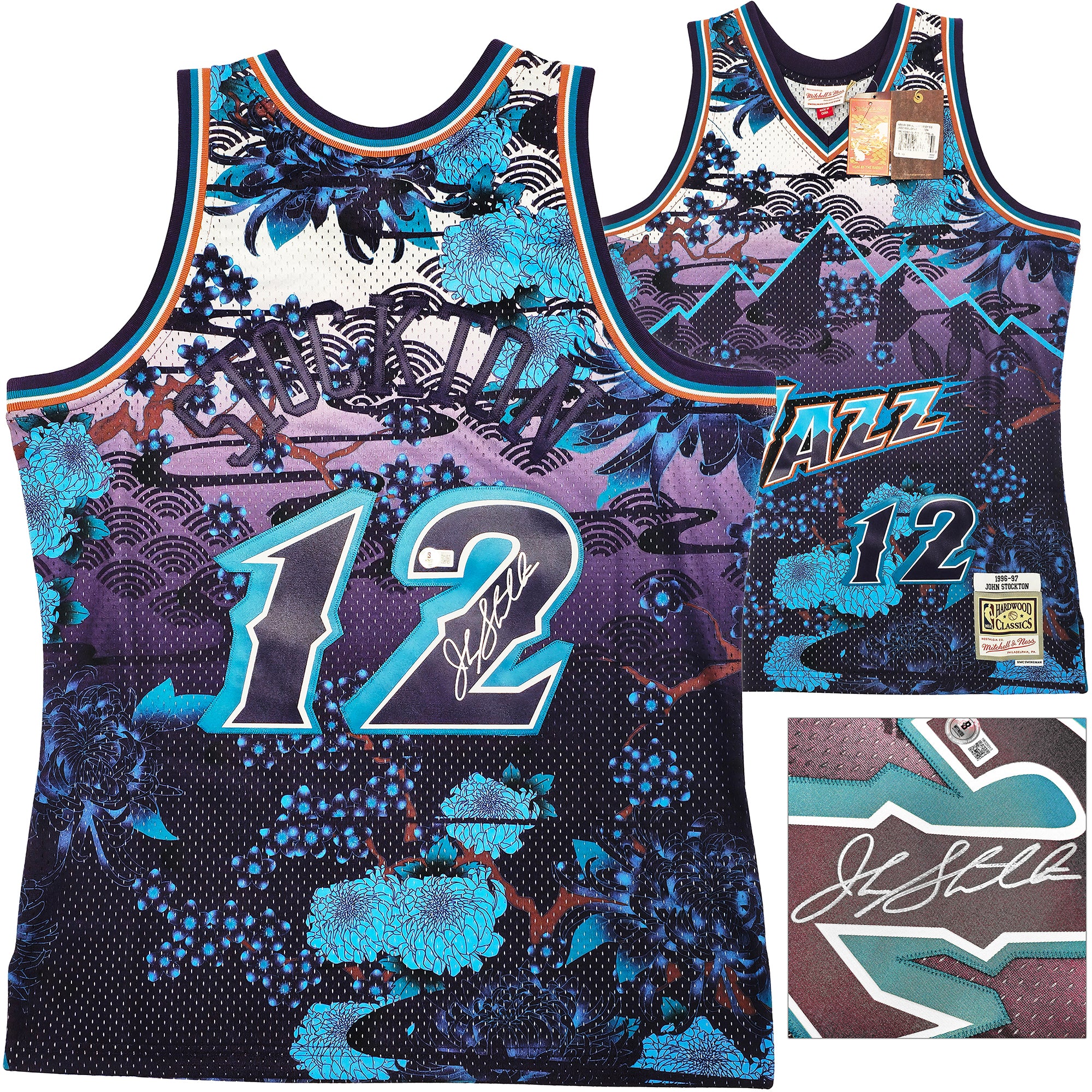 Utah Jazz John Stockton Autographed Purple Authentic Mitchell & Ness 1996-97 Hardwood Classic Swingman Asian Heritage 5.0 Jersey Size L Beckett BAS Witness Stock #224343
