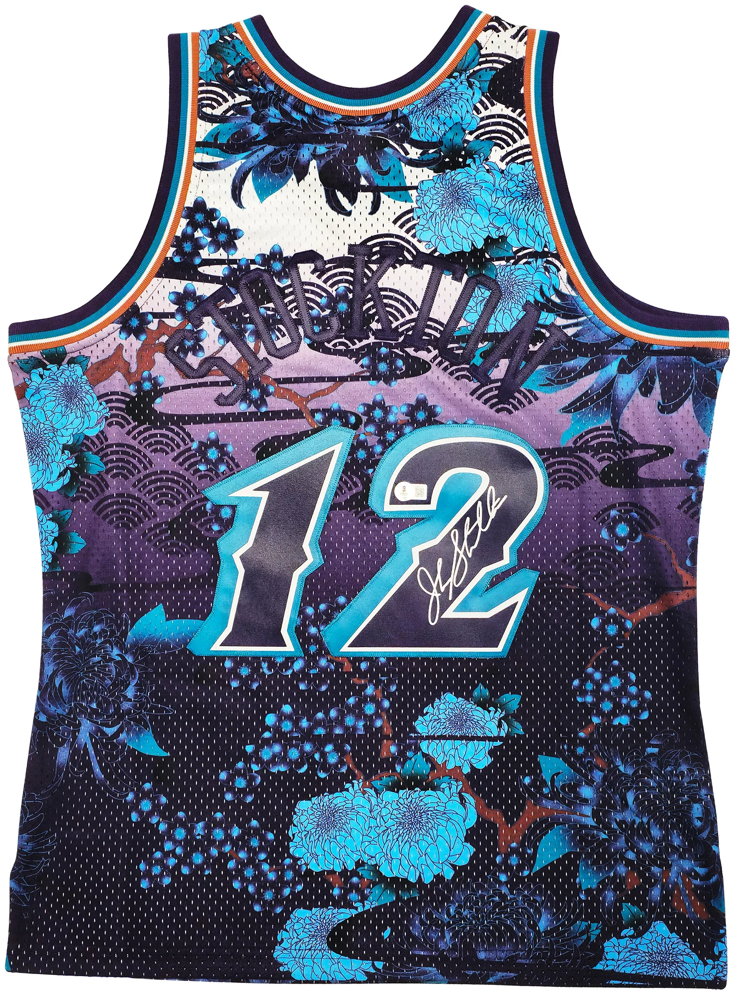 Utah Jazz John Stockton Autographed Purple Authentic Mitchell & Ness 1996-97 Hardwood Classic Swingman Asian Heritage 5.0 Jersey Size L Beckett BAS Witness Stock #224343 - Image 2
