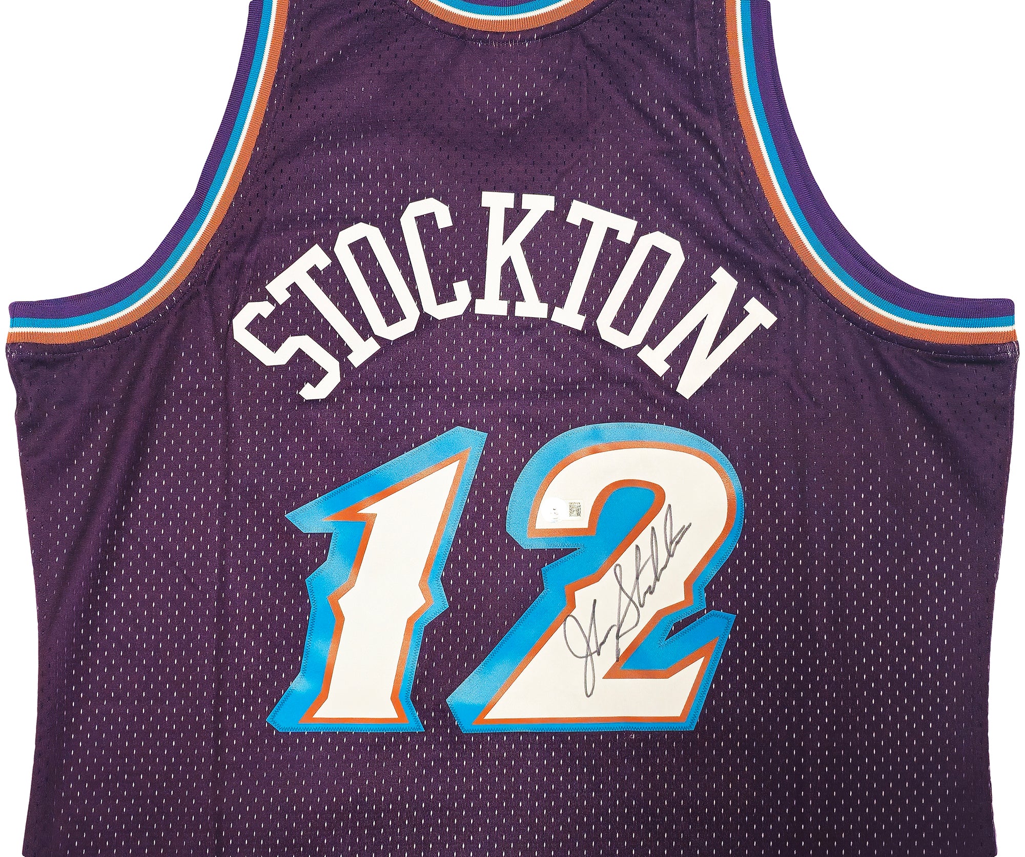 Utah Jazz John Stockton Autographed Purple Authentic Mitchell & Ness 1996-97 Hardwood Classic Swingman Road Jersey Size XL Beckett BAS Witness Stock #224347 - Image 3