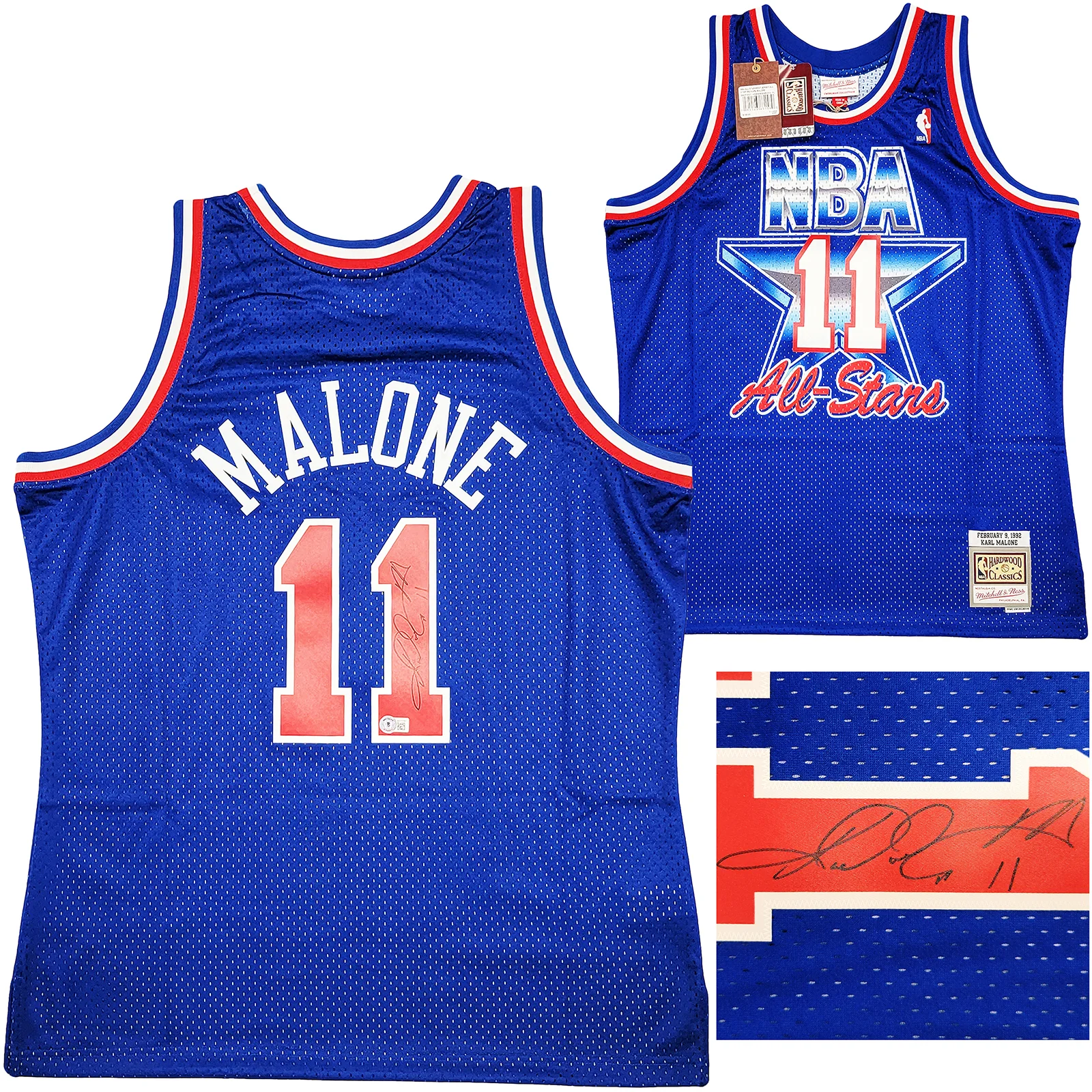 Utah Jazz Karl Malone Autographed Blue Authentic Mitchell & Ness 1992 All Star Game Jersey Size XL Beckett BAS Witness Stock #211879