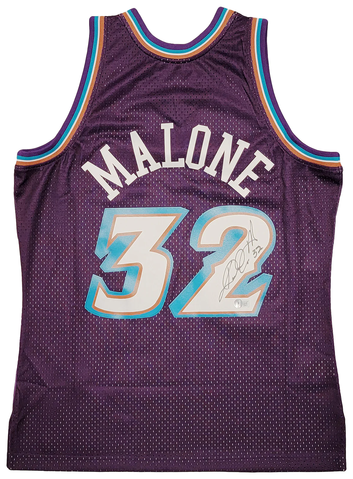 Utah Jazz Karl Malone Autographed Purple & Teal Authentic Mitchell & Ness Jersey Size L Beckett BAS Witness Stock #211884 - Image 2