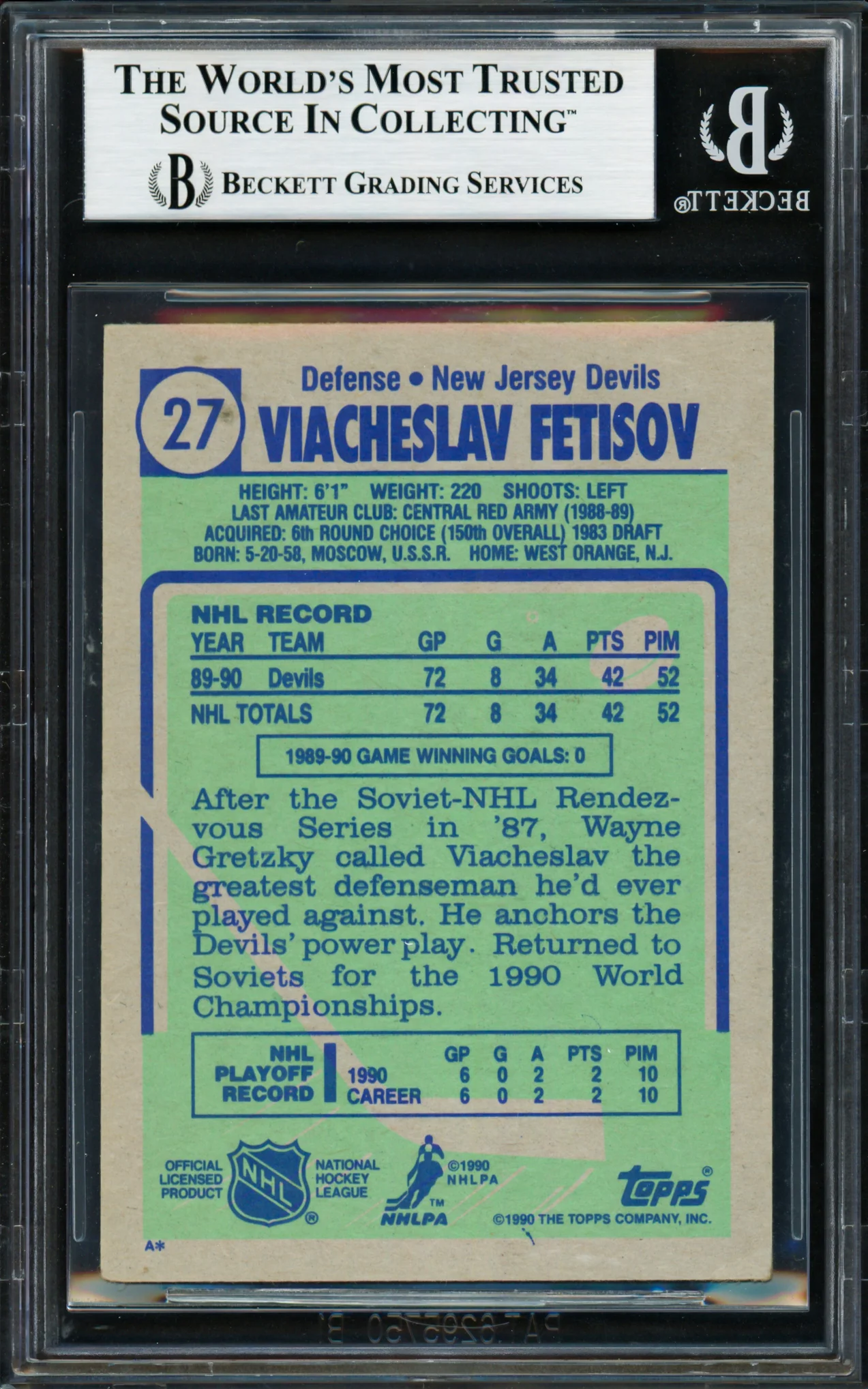 Viacheslav Fetisov Autographed 1990-91 Topps Rookie Card #27 New Jersey Devils Beckett BAS #18283389 - Image 2