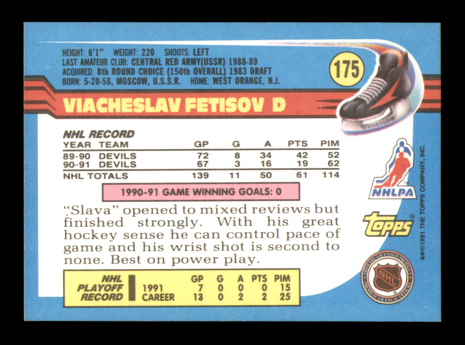 Viacheslav Fetisov Autographed 1991-92 Topps Card #175 New Jersey Devils (Smudged) SKU #248096 - Image 2