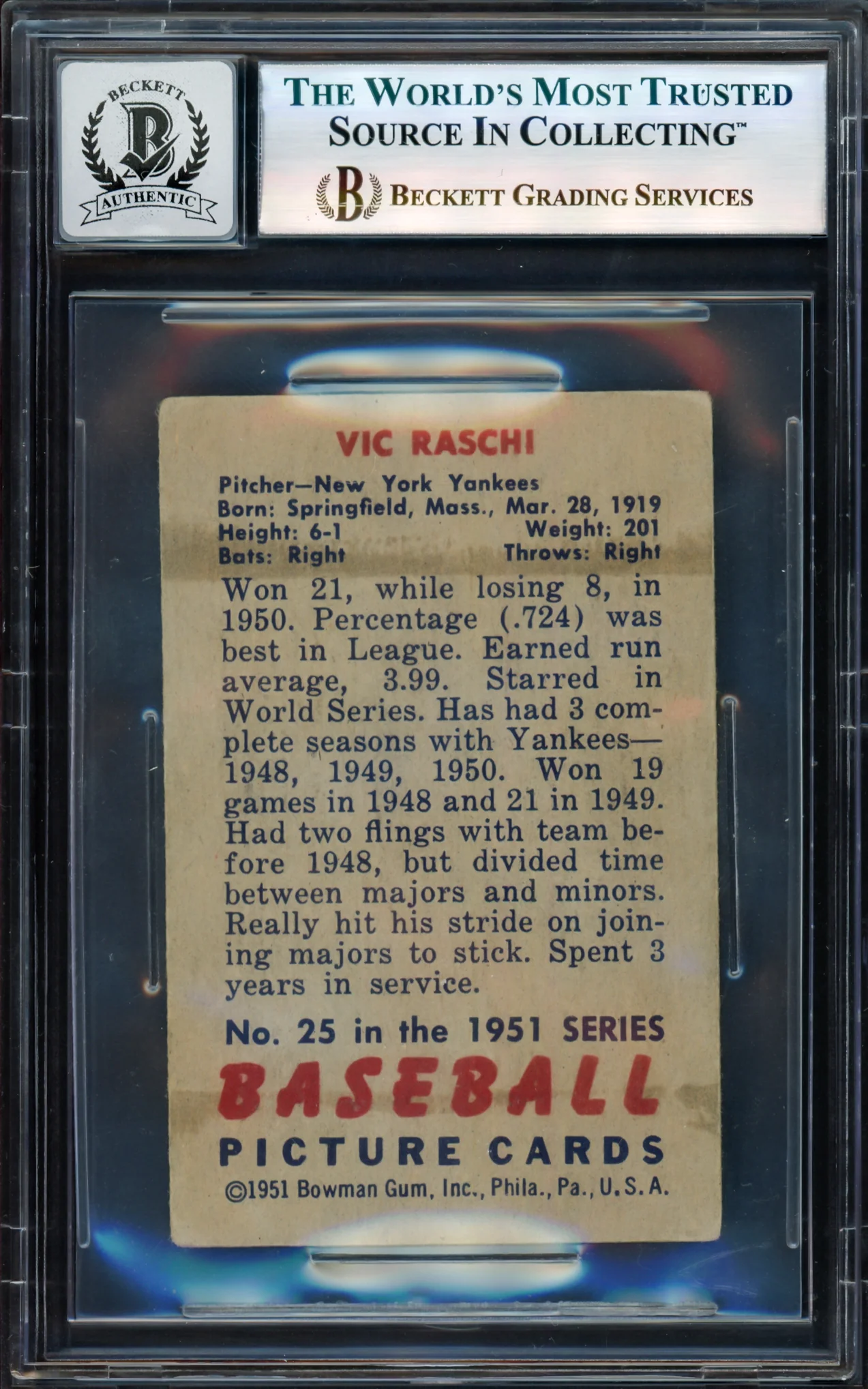 Vic Raschi Autographed 1951 Bowman Rookie Card #25 New York Yankees Auto Grade Gem Mint 10 Beckett BAS #17606416 - Image 2