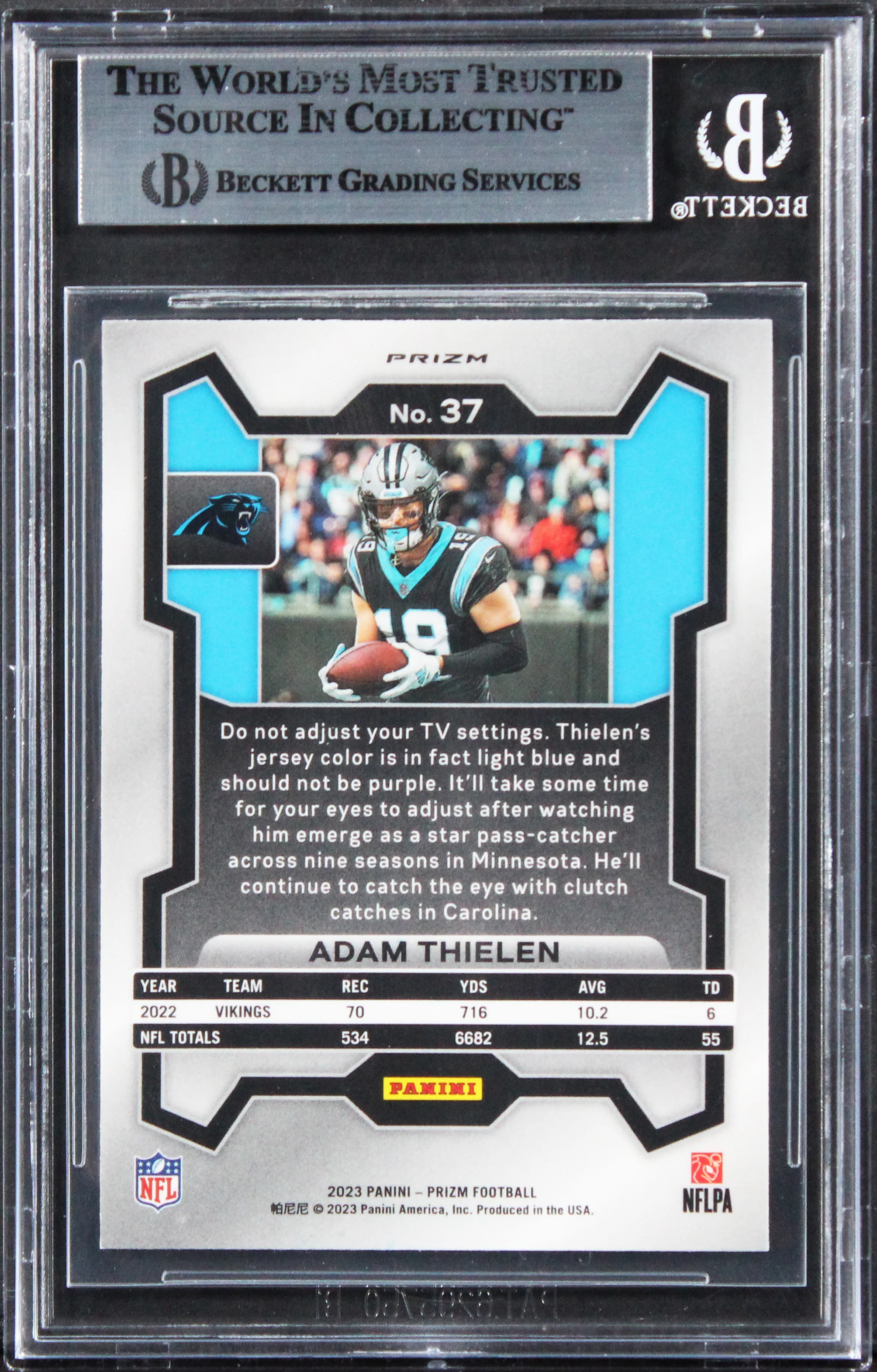 Vikings Adam Thielen Signed 2023 Panini Prizm Green #37 Card BAS Slabbed - Image 3