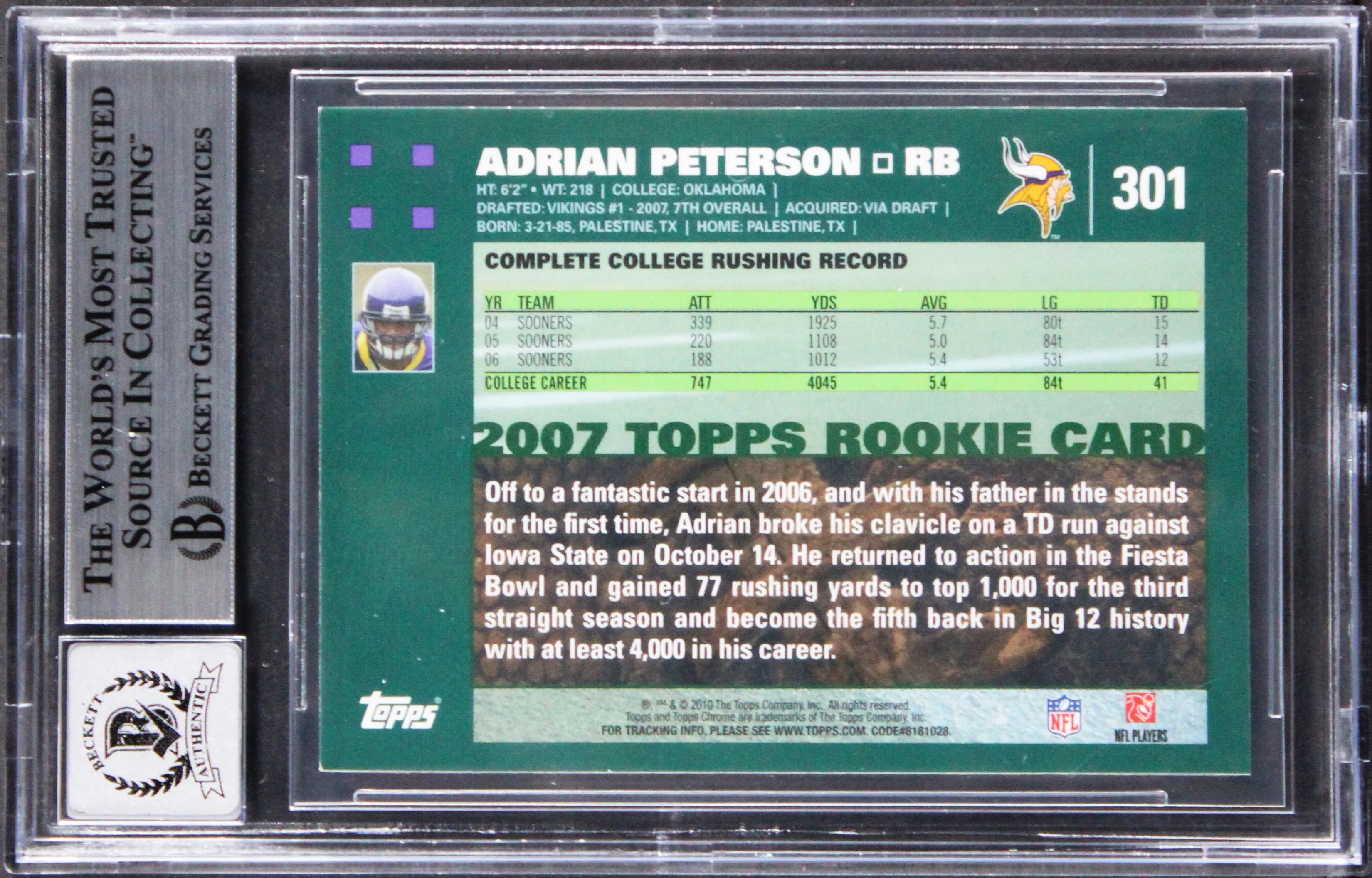 Vikings Adrian Peterson "ADD" Signed 2007 Topps #301 RC Card Auto 10! BAS Slab - Image 3