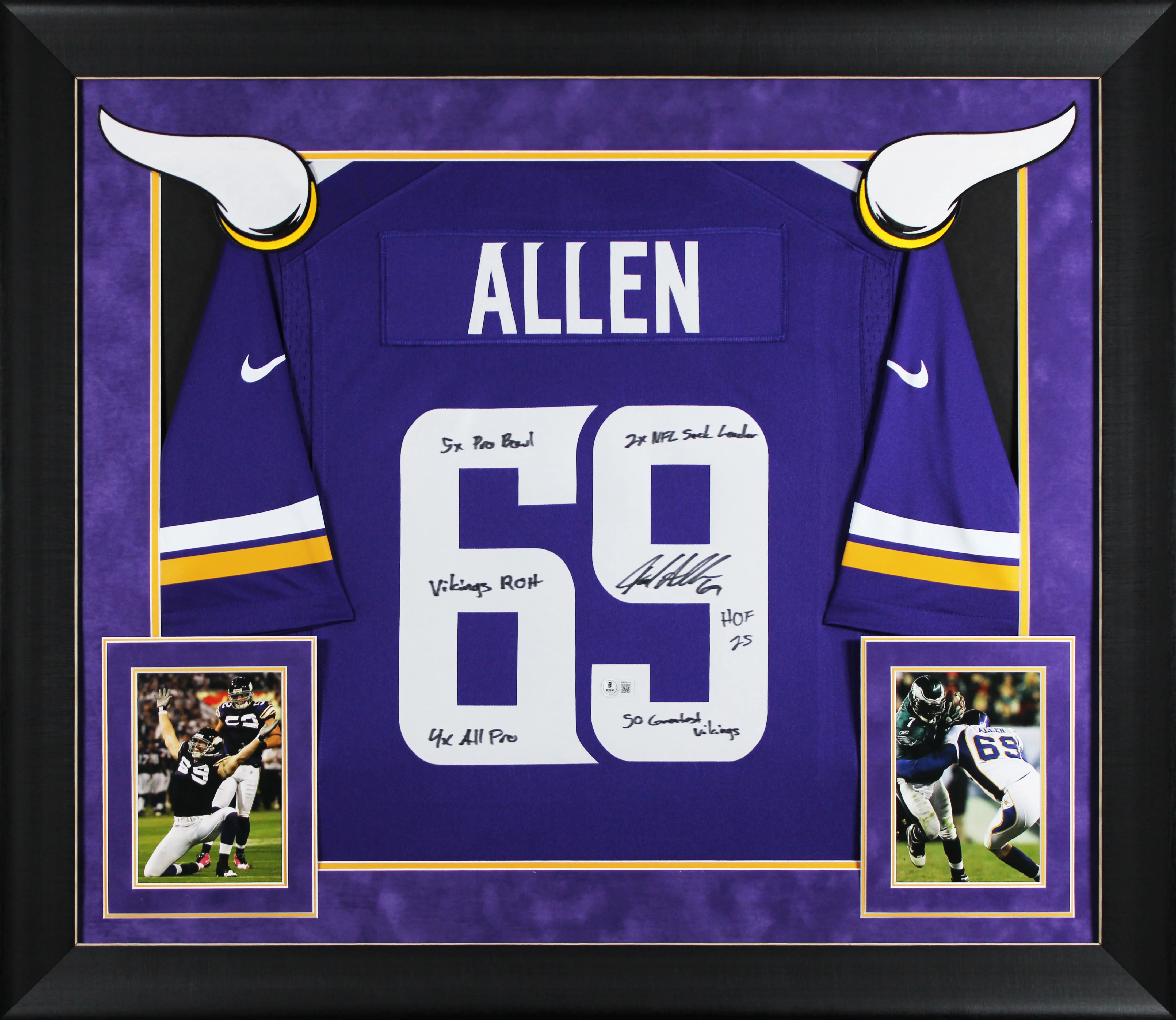 Vikings Jared Allen "6x Insc" Signed Purple Nike Limited Framed Jersey BAS Wit - Image 2