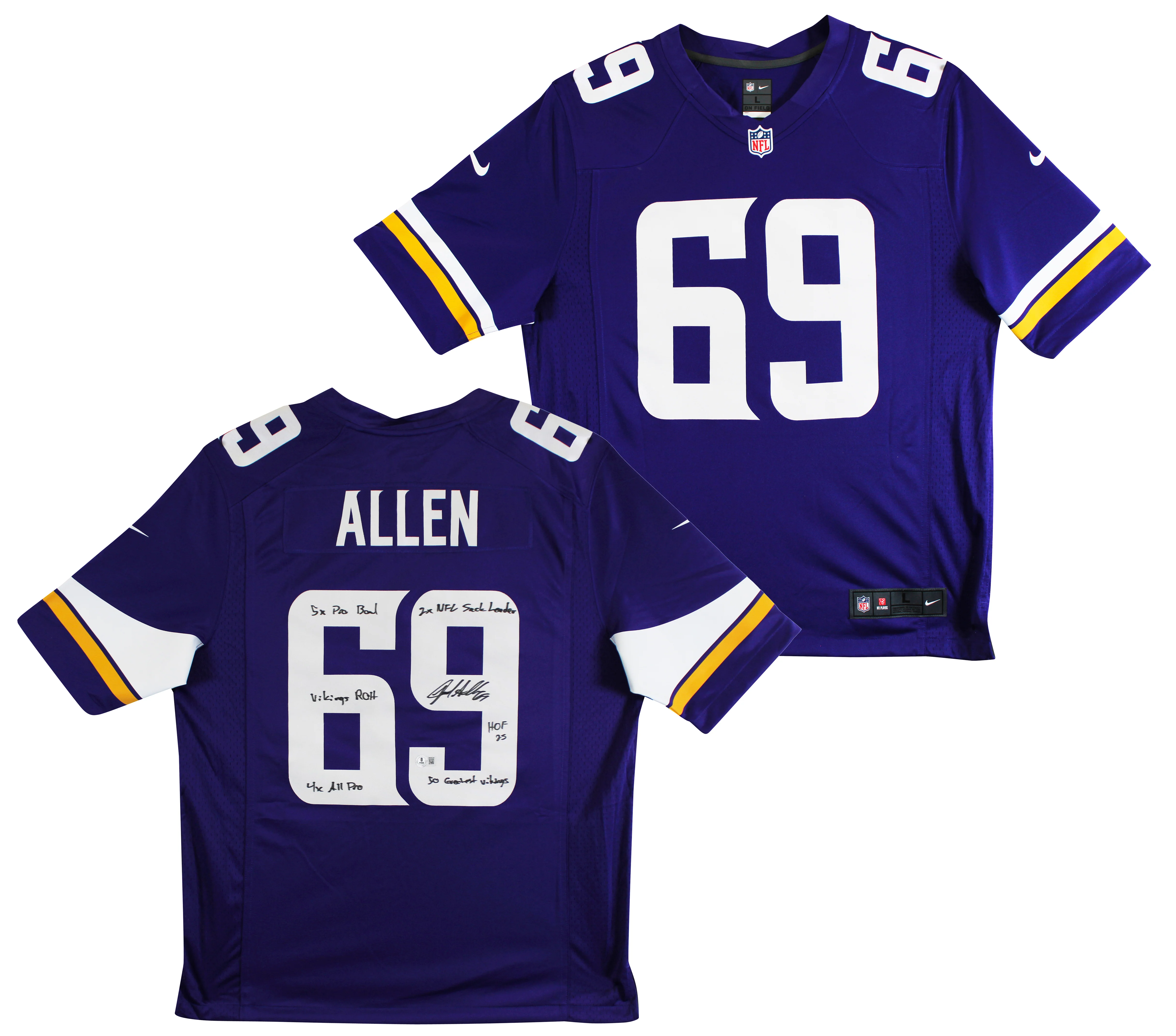 Vikings Jared Allen "6x Insc" Signed Purple Nike Limited Jersey BAS Witnessed - Image 2