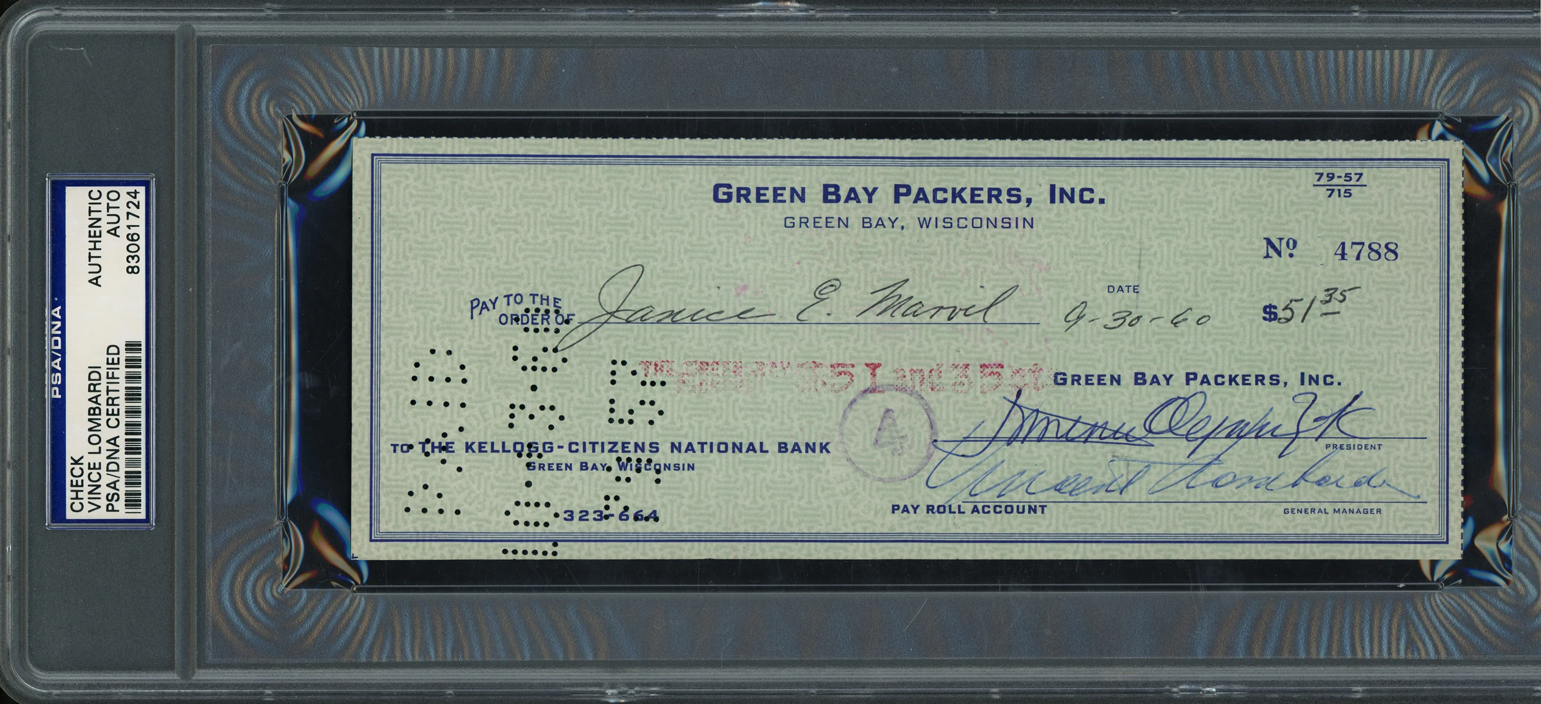 Vince Lombardi Autographed 3x8 Check Green Bay Packers PSA/DNA #83061724