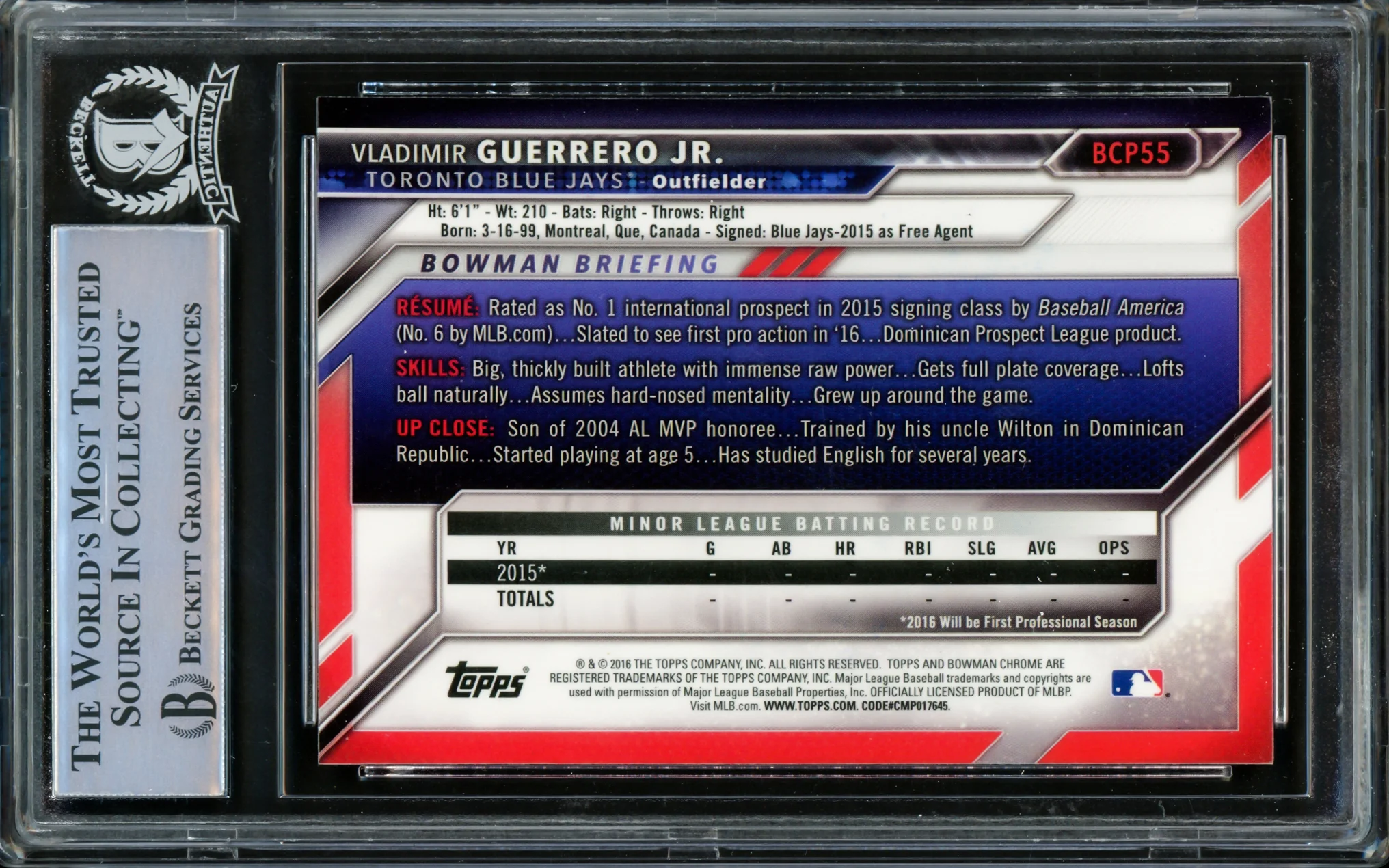 Vladimir Guerrero Jr. Autographed 2016 Bowman Chrome Prospects Rookie Card #BCP55 Toronto Blue Jays Beckett BAS #14863473 - Image 2