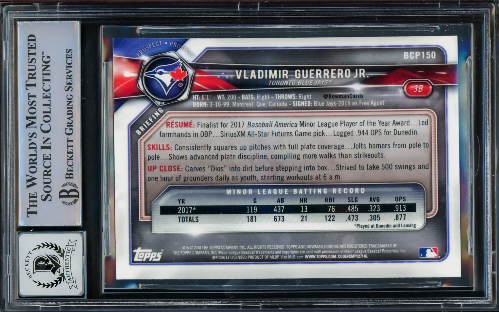 Vladimir Guerrero Jr. Autographed 2018 Bowman Chrome Rookie Card #BCP150 Toronto Blue Jays Auto Grade Gem Mint 10 Beckett BAS #15772714 - Image 2