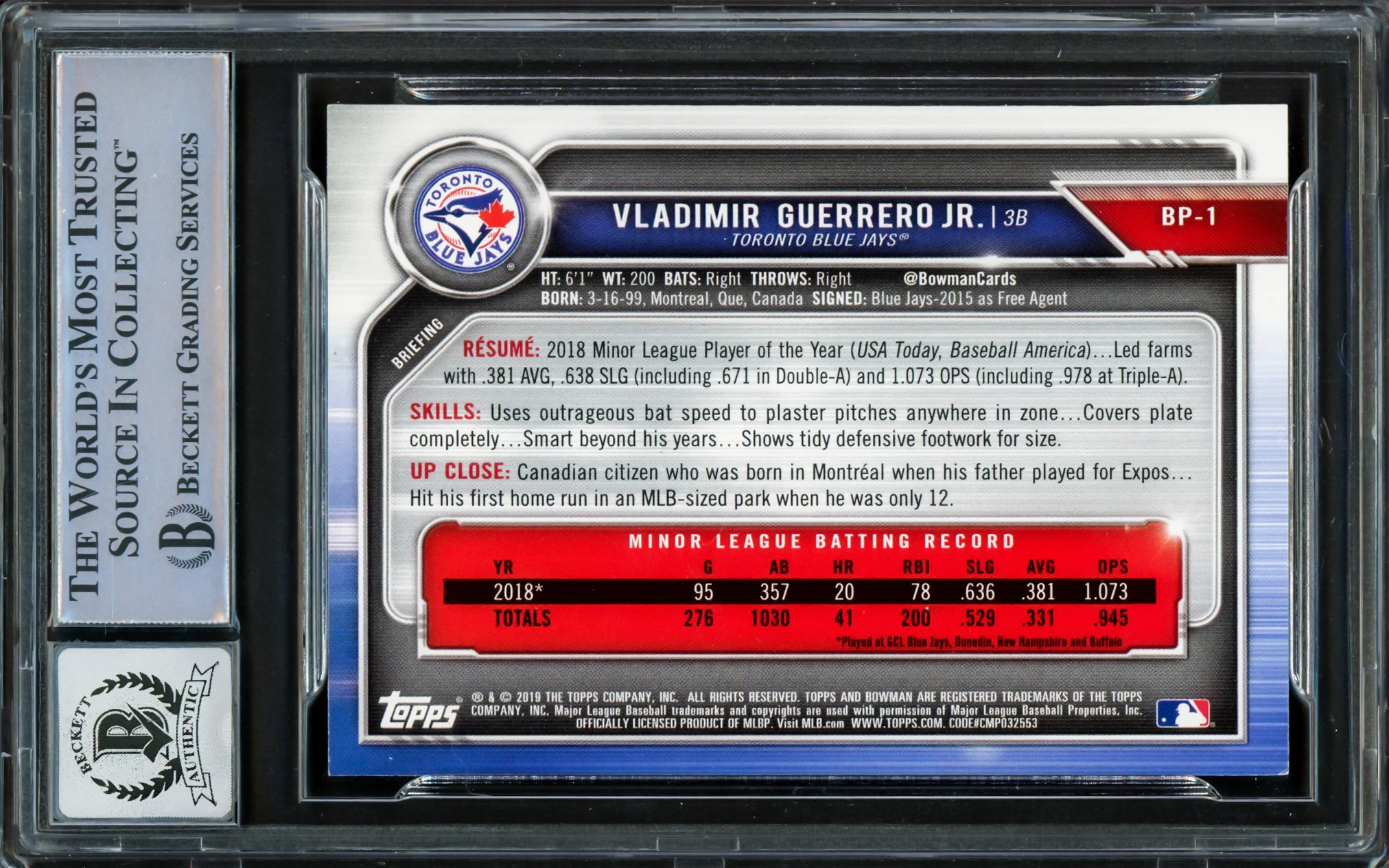 Vladimir Guerrero Jr. Autographed 2019 Bowman Prospects Green Rookie Card #BP1 Toronto Blue Jays Auto Grade Gem Mint 10 Beckett BAS Stock #222857 - Image 2