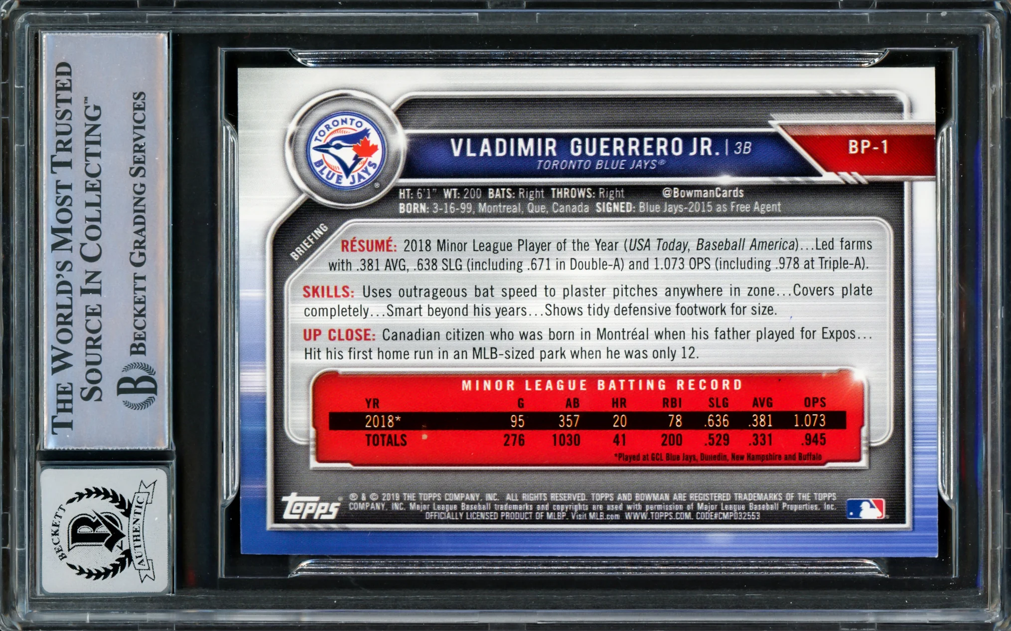 Vladimir Guerrero Jr. Autographed 2019 Bowman Prospects Rookie Card #BP1 Toronto Blue Jays Auto Grade Gem Mint 10 Beckett BAS Stock #222856 - Image 2