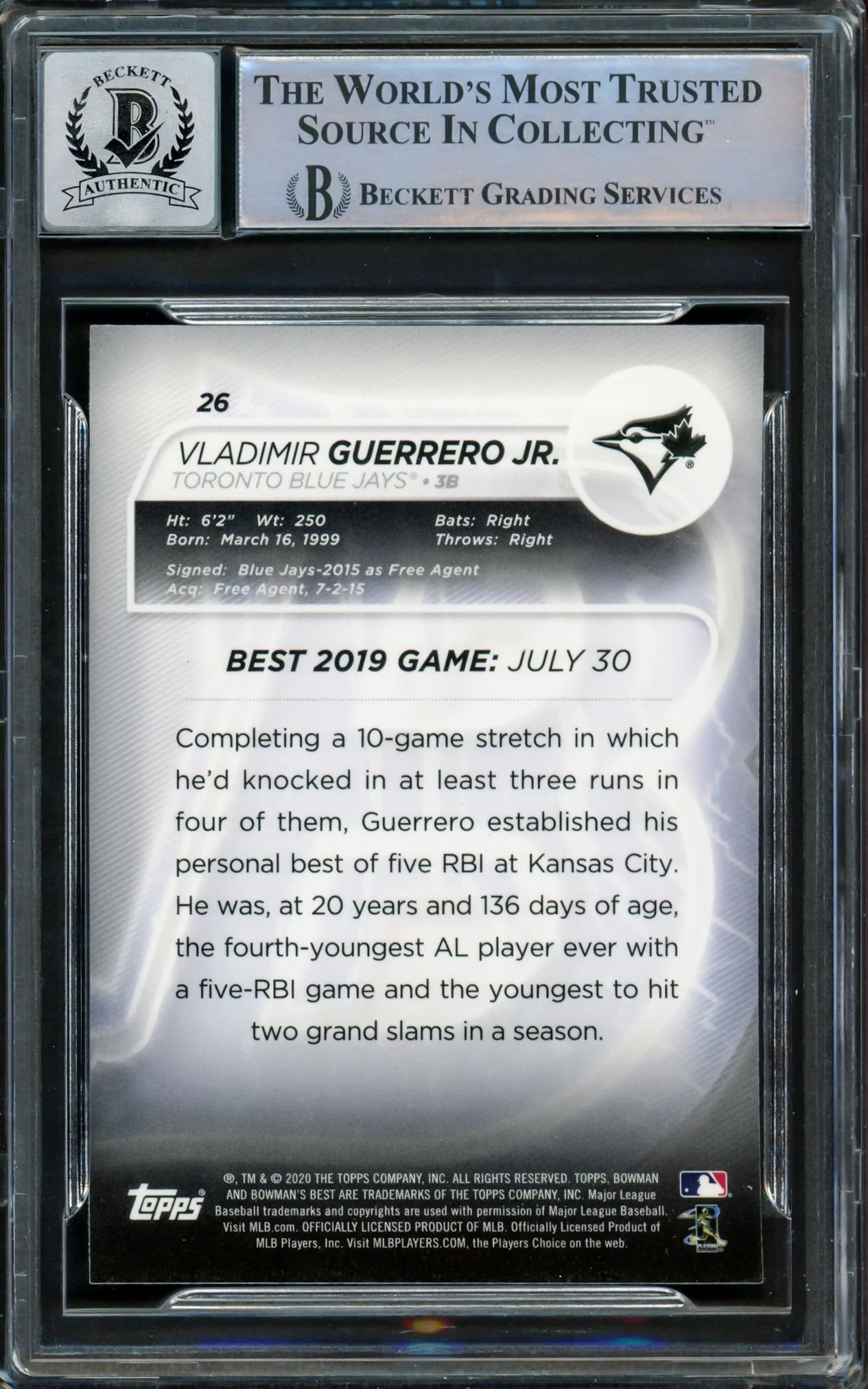Vladimir Guerrero Jr. Autographed 2019 Bowman's Best Card #26 Toronto Blue Jays Auto Grade Gem Mint 10 Beckett BAS #15859525 - Image 2