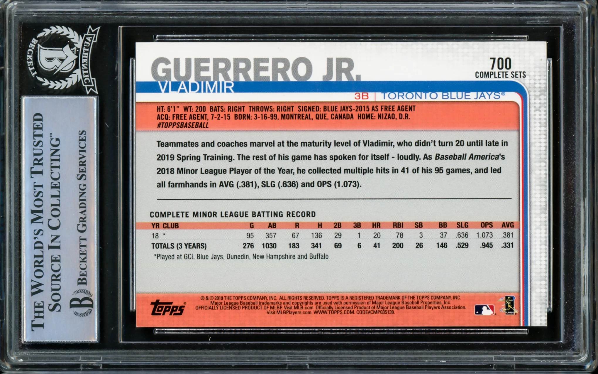 Vladimir Guerrero Jr. Autographed 2019 Topps Complete Set Variation Rookie Card #700D Toronto Blue Jays Beckett BAS #14863554 - Image 2