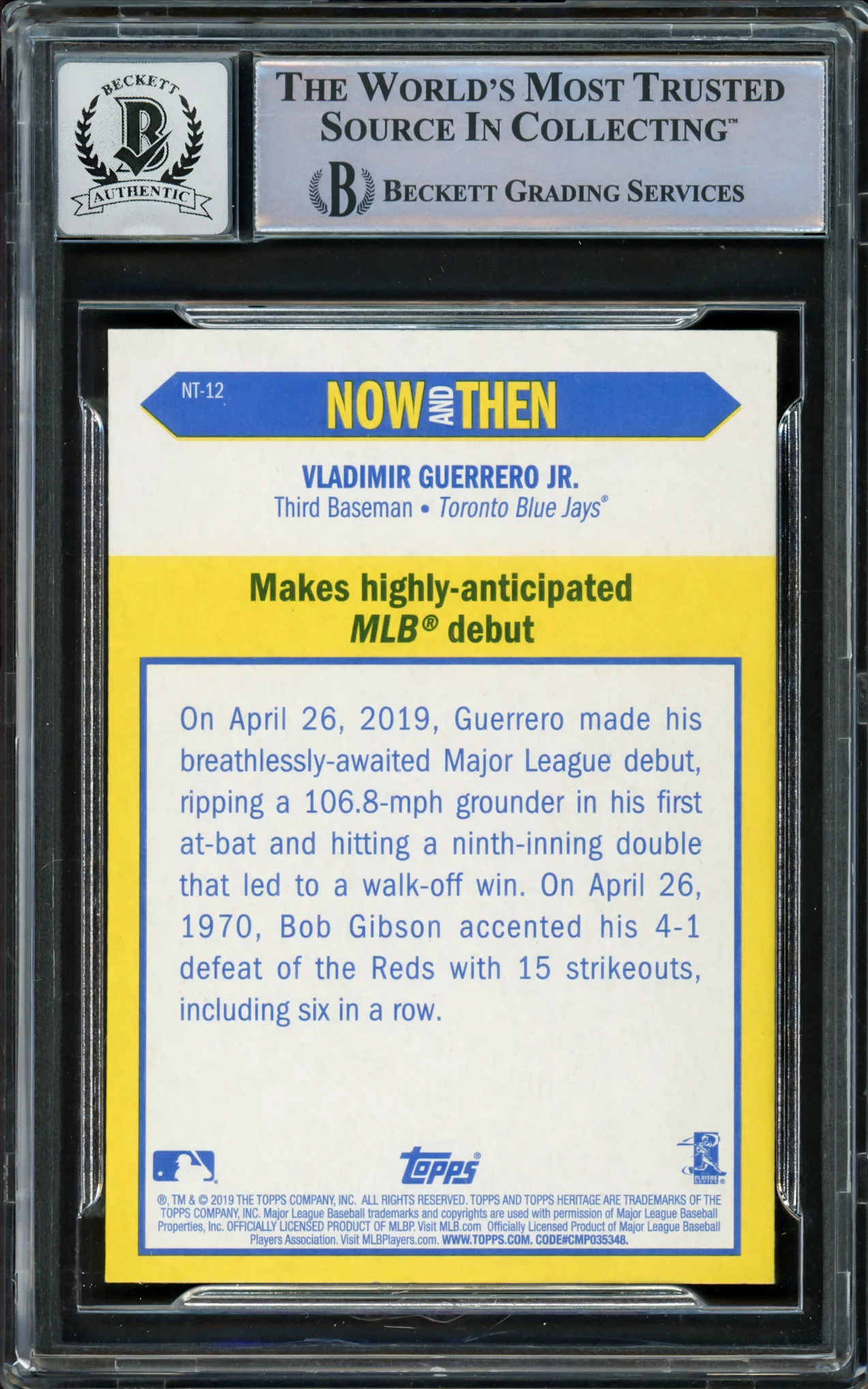 Vladimir Guerrero Jr. Autographed 2019 Topps Heritage Now And Then Card #NT-12 Toronto Blue Jays Auto Grade Gem Mint 10 Beckett BAS #16338035 - Image 2