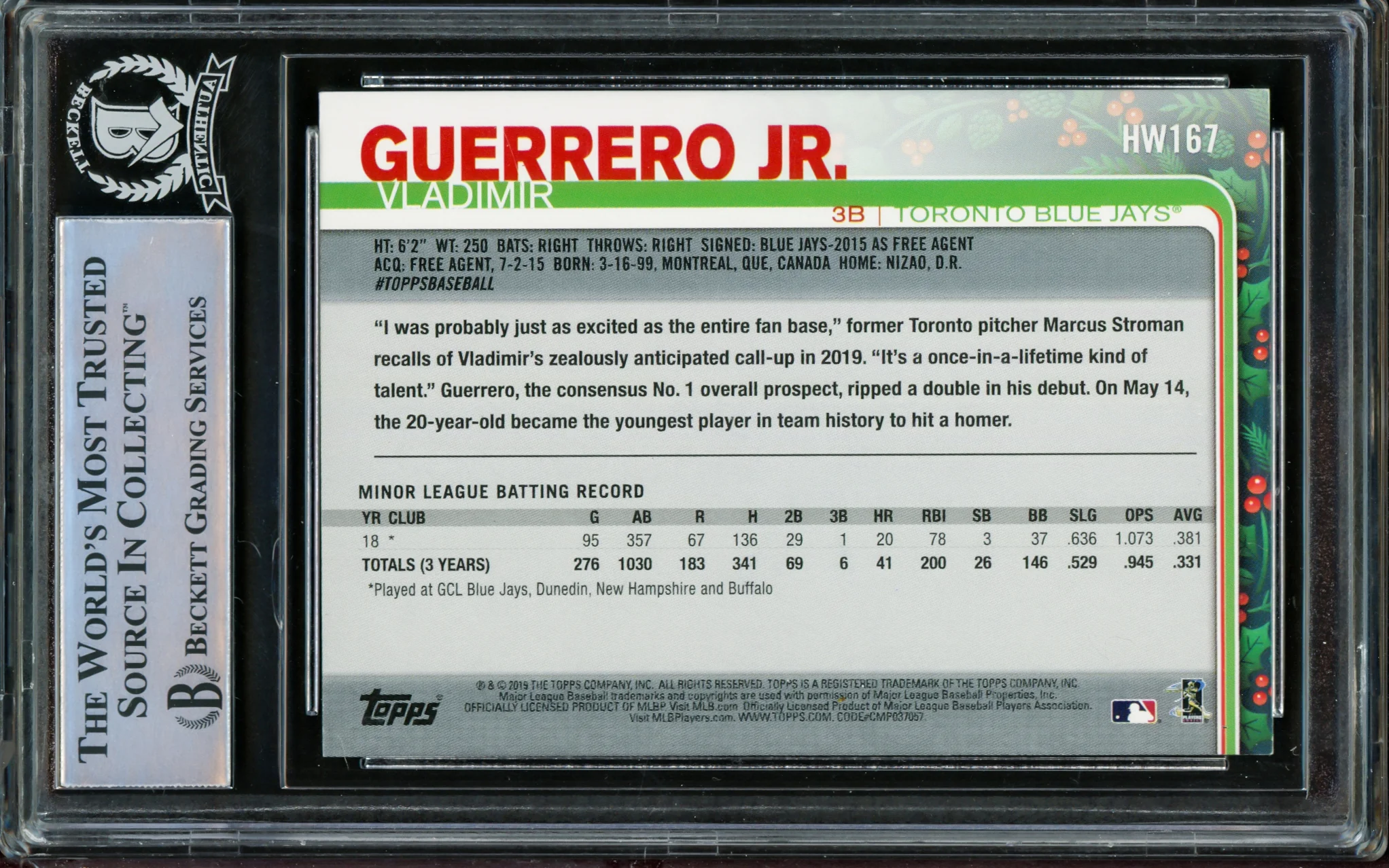 Vladimir Guerrero Jr. Autographed 2019 Topps Holiday Rookie Card #HW167 Toronto Blue Jays Beckett BAS #14863553 - Image 2