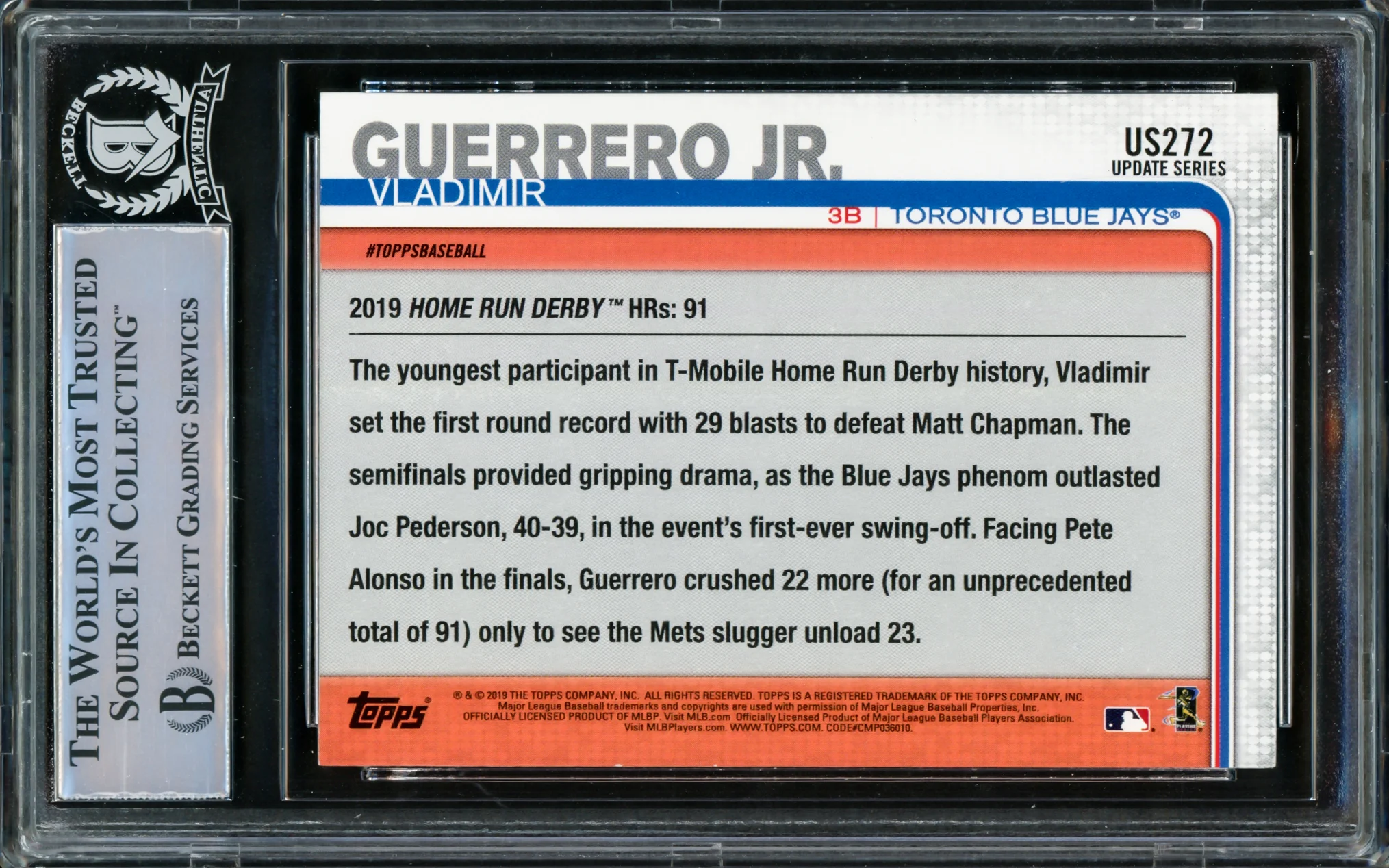 Vladimir Guerrero Jr. Autographed 2019 Topps Update Card #US272 Toronto Blue Jays Beckett BAS #15500375 - Image 2