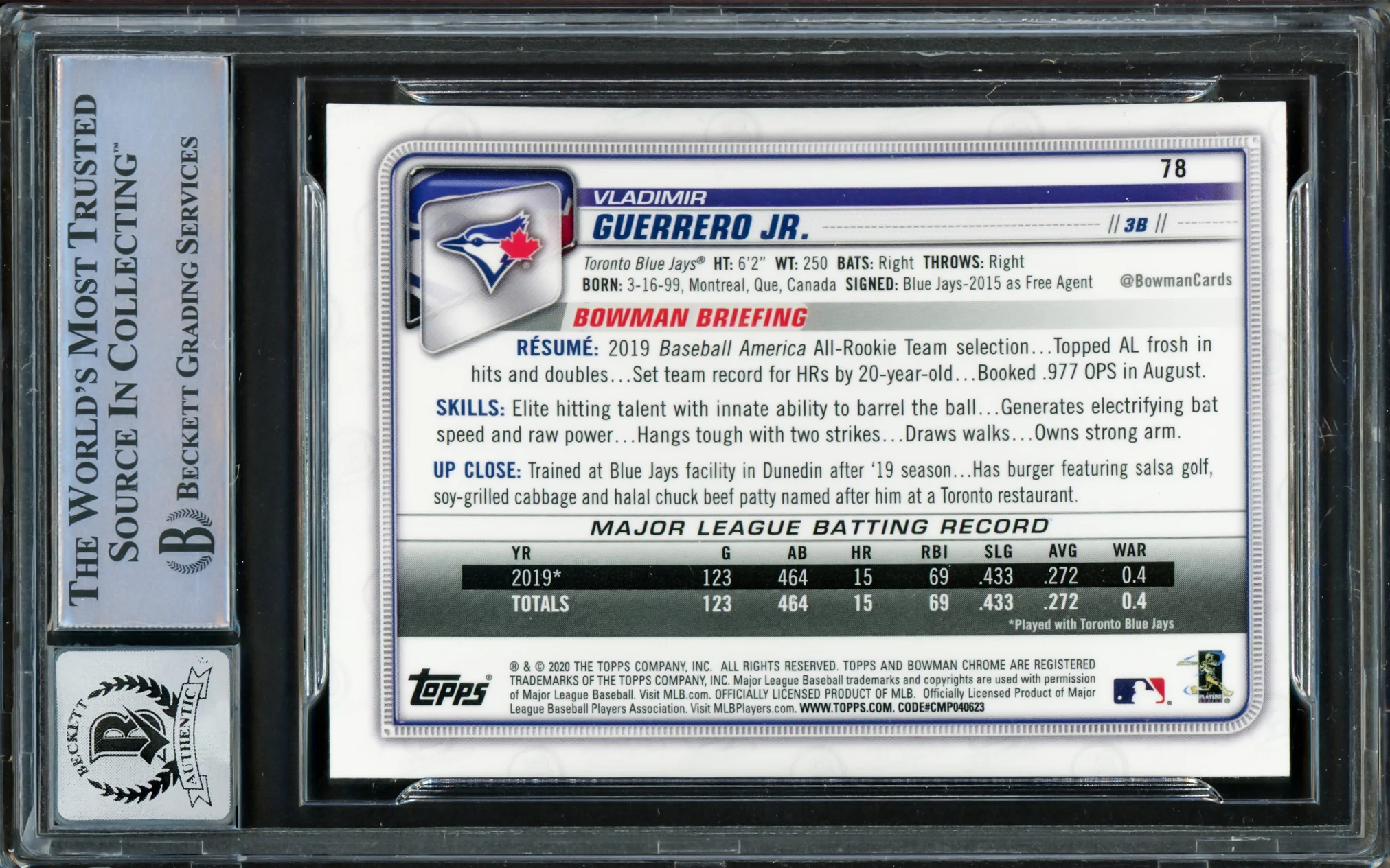 Vladimir Guerrero Jr. Autographed 2020 Bowman Chrome Card #78 Toronto Blue Jays Auto Grade Gem Mint 10 Beckett BAS #16338112 - Image 2