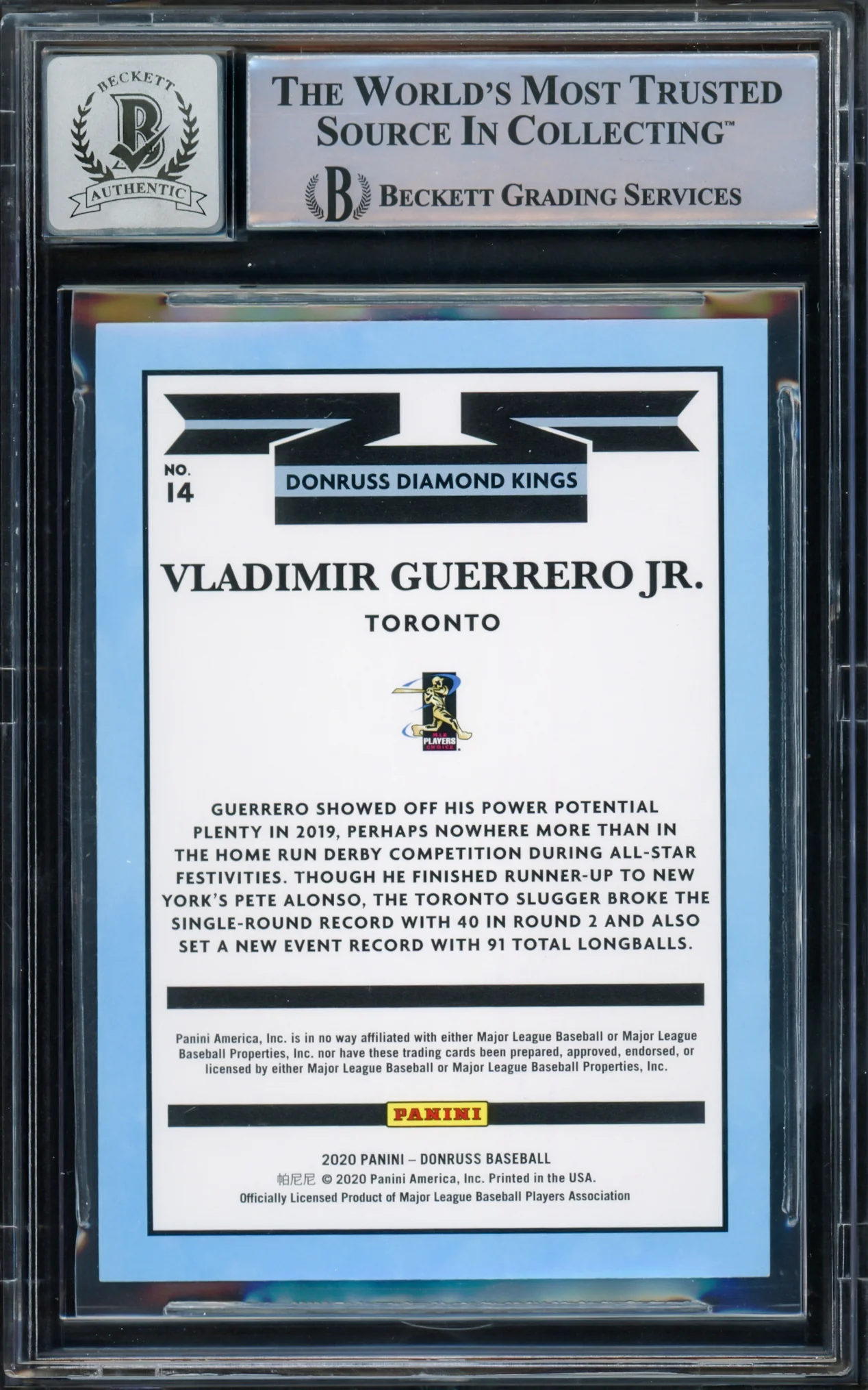 Vladimir Guerrero Jr. Autographed 2020 Donruss Diamond Kings Card #14 Toronto Blue Jays Auto Grade Gem Mint 10 Beckett BAS #15772722 - Image 2