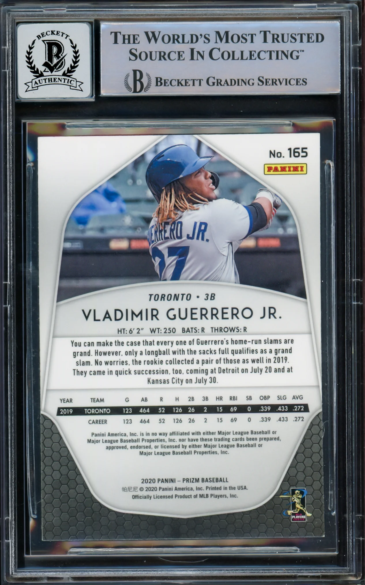 Vladimir Guerrero Jr. Autographed 2020 Panini Prizm Card #165 Toronto Blue Jays Auto Grade Gem Mint 10 Beckett BAS #15772723 - Image 2
