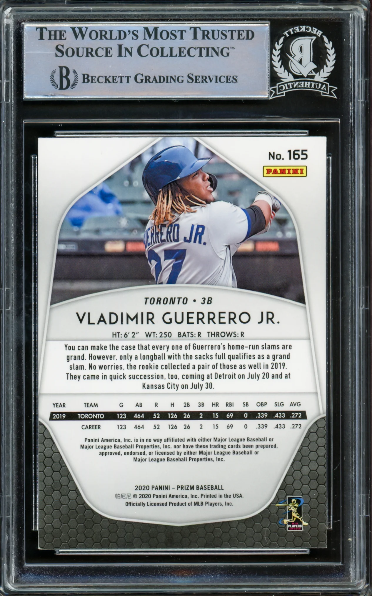 Vladimir Guerrero Jr. Autographed 2020 Panini Prizm Card #165 Toronto Blue Jays Beckett BAS #15780705 - Image 2