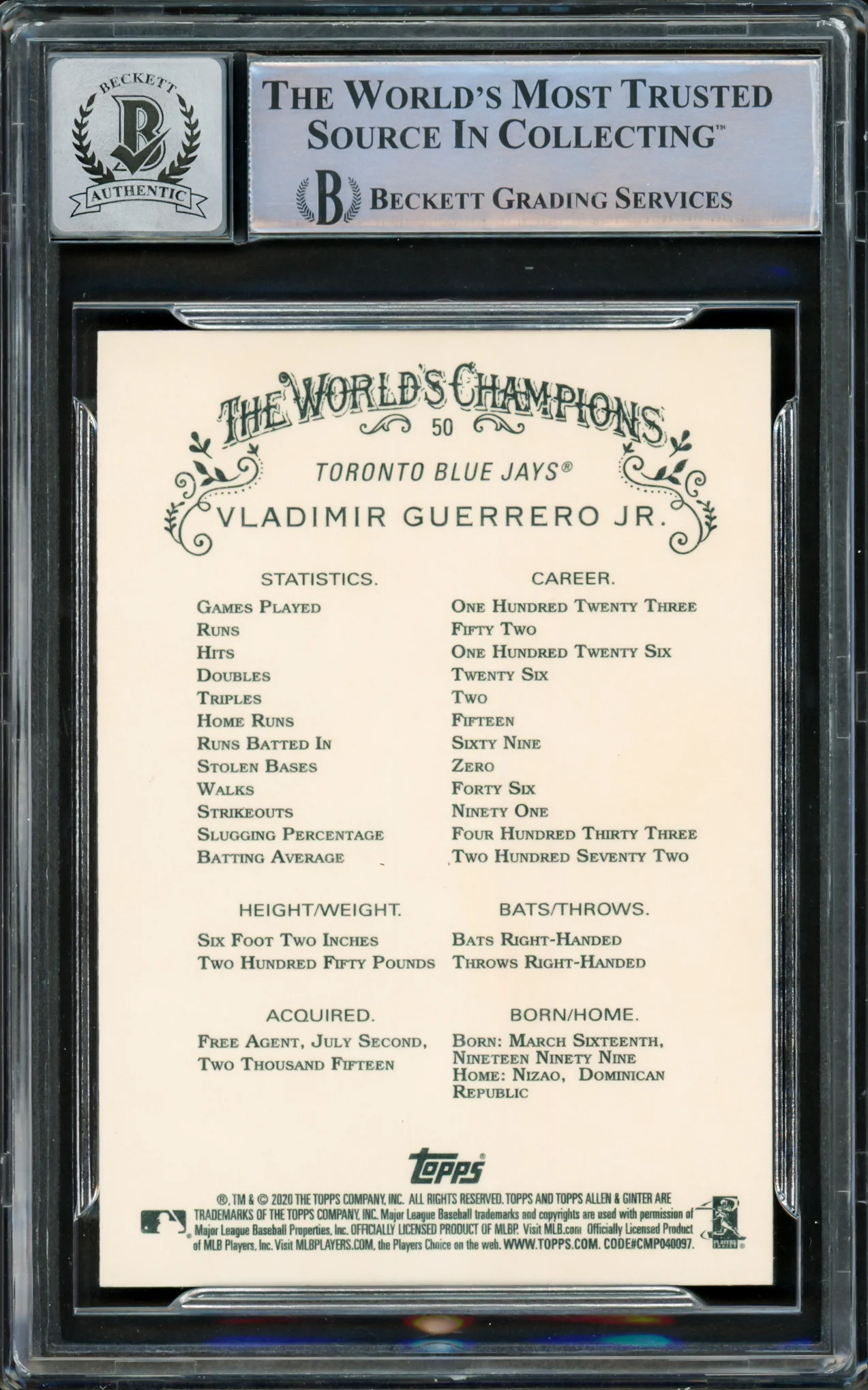 Vladimir Guerrero Jr. Autographed 2020 Topps Allen & Ginter Card #50 Toronto Blue Jays Auto Grade Gem Mint 10 Beckett BAS #15859546 - Image 2