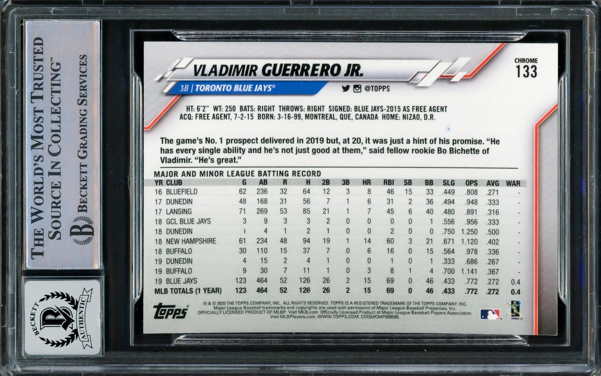 Vladimir Guerrero Jr. Autographed 2020 Topps Chrome Card #133 Toronto Blue Jays Auto Grade Gem Mint 10 Beckett BAS Stock #222864 - Image 2