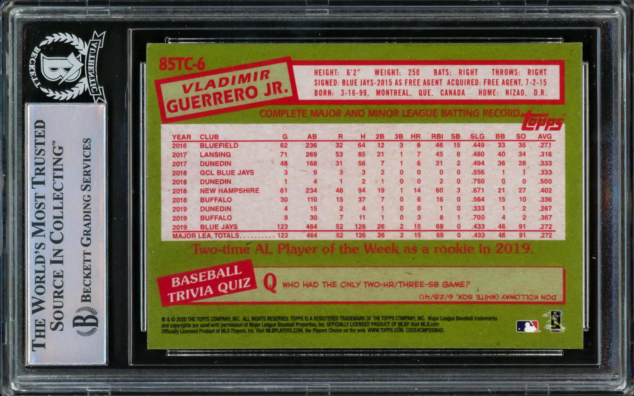 Vladimir Guerrero Jr. Autographed 2020 Topps Chrome Card #85TC-6 Toronto Blue Jays Beckett BAS #15780701 - Image 2