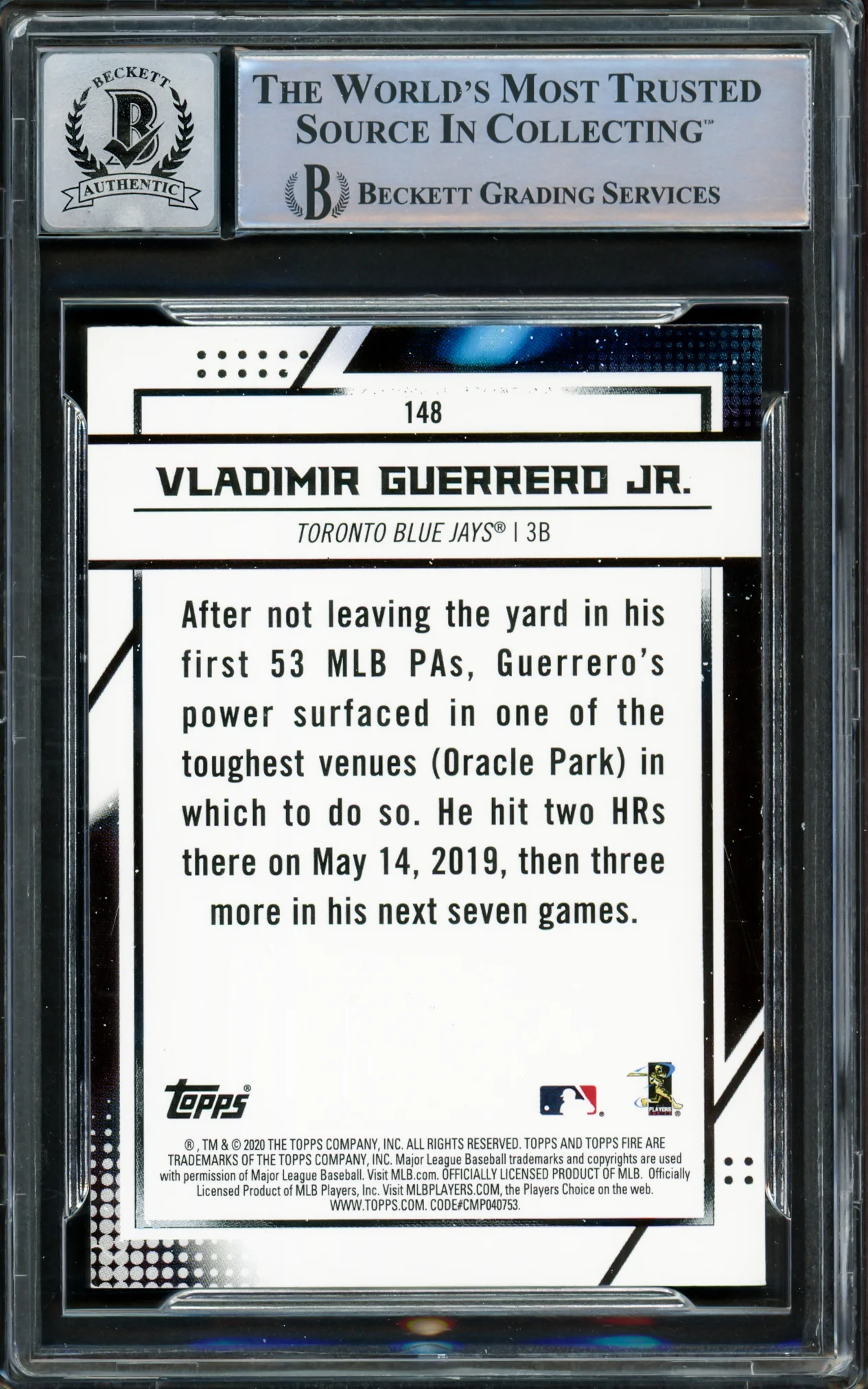 Vladimir Guerrero Jr. Autographed 2020 Topps Fire Card #148 Toronto Blue Jays Auto Grade Gem Mint 10 Beckett BAS #15859609 - Image 2