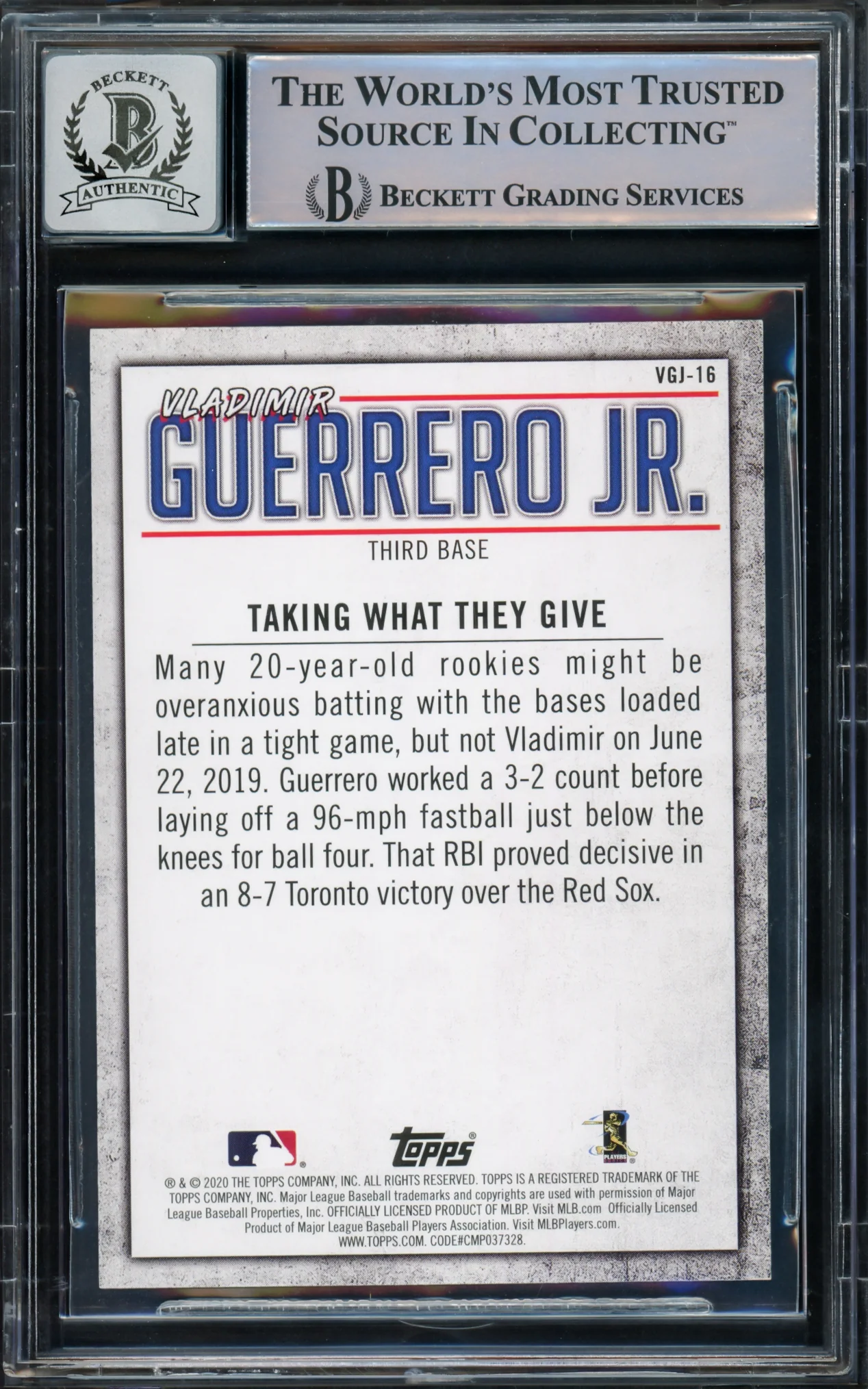 Vladimir Guerrero Jr. Autographed 2020 Topps Highlights Card #VGJ-16 Toronto Blue Jays Auto Grade Gem Mint 10 Beckett BAS #15772896 - Image 2